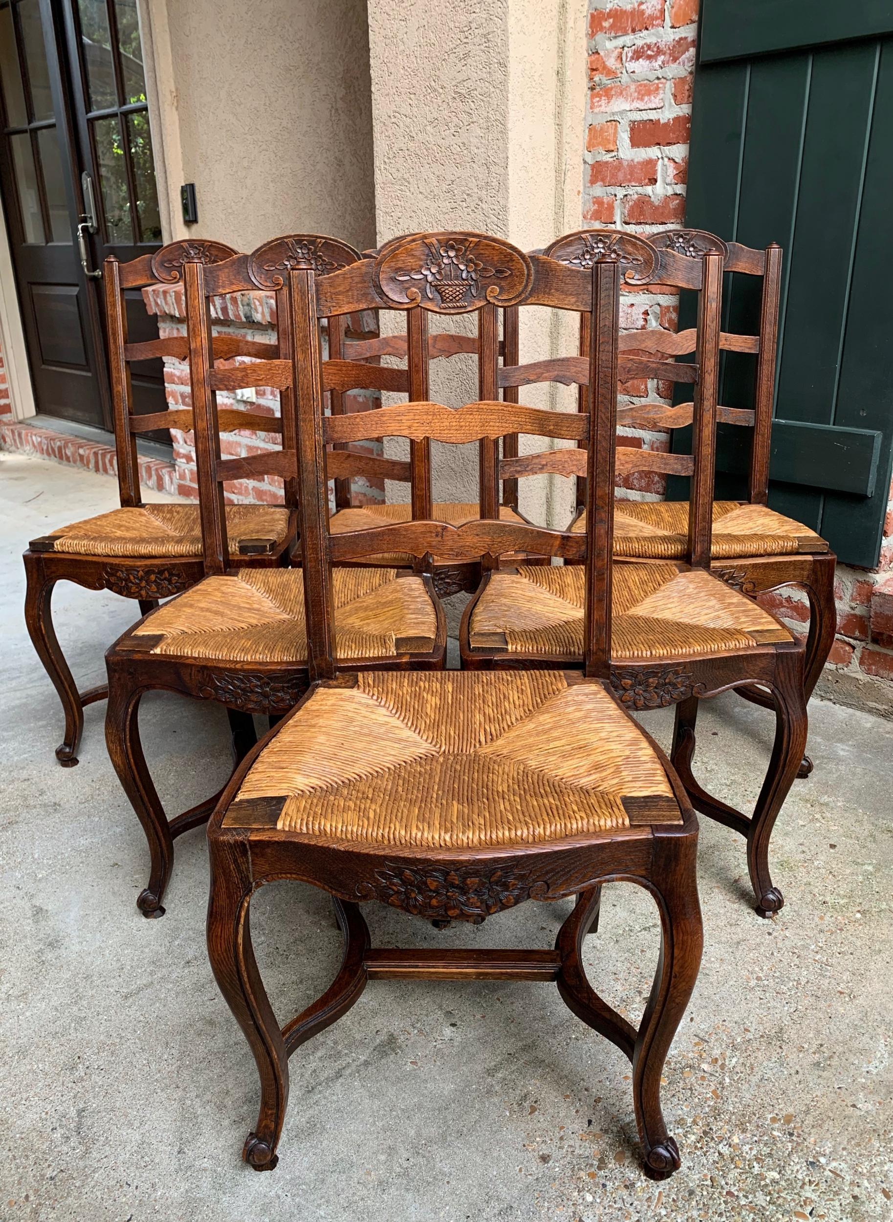 Set 6 Antique French Country Carved Oak Ladder Back Dining Chair Rush Seat 7