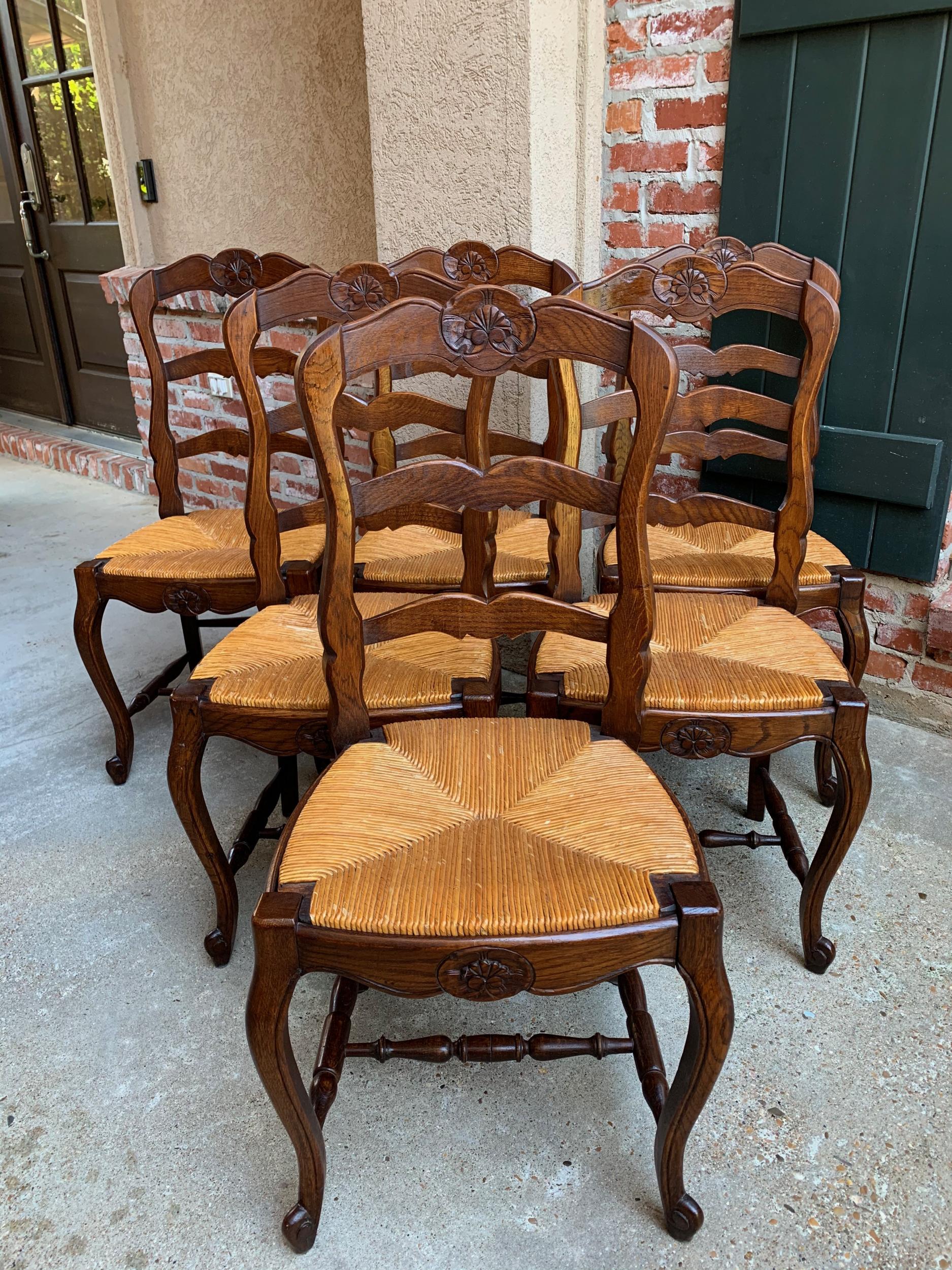 Set of 6 Antique French Country Carved Oak Ladder Back Dining Chair Rush Seat 7
