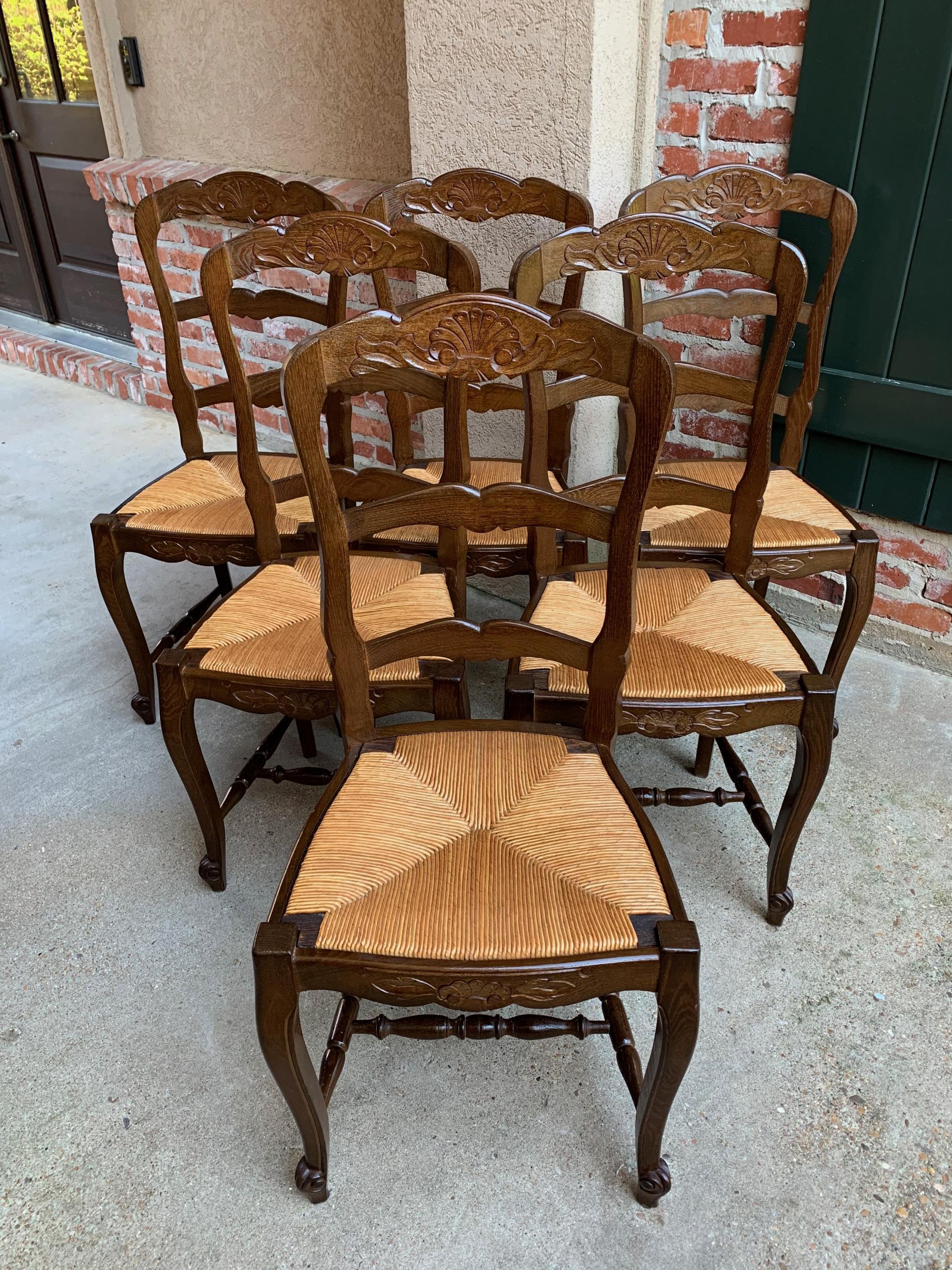 Set of 6 Antique French Country Carved Oak Ladder Back Dining Chair Rush Seat 5