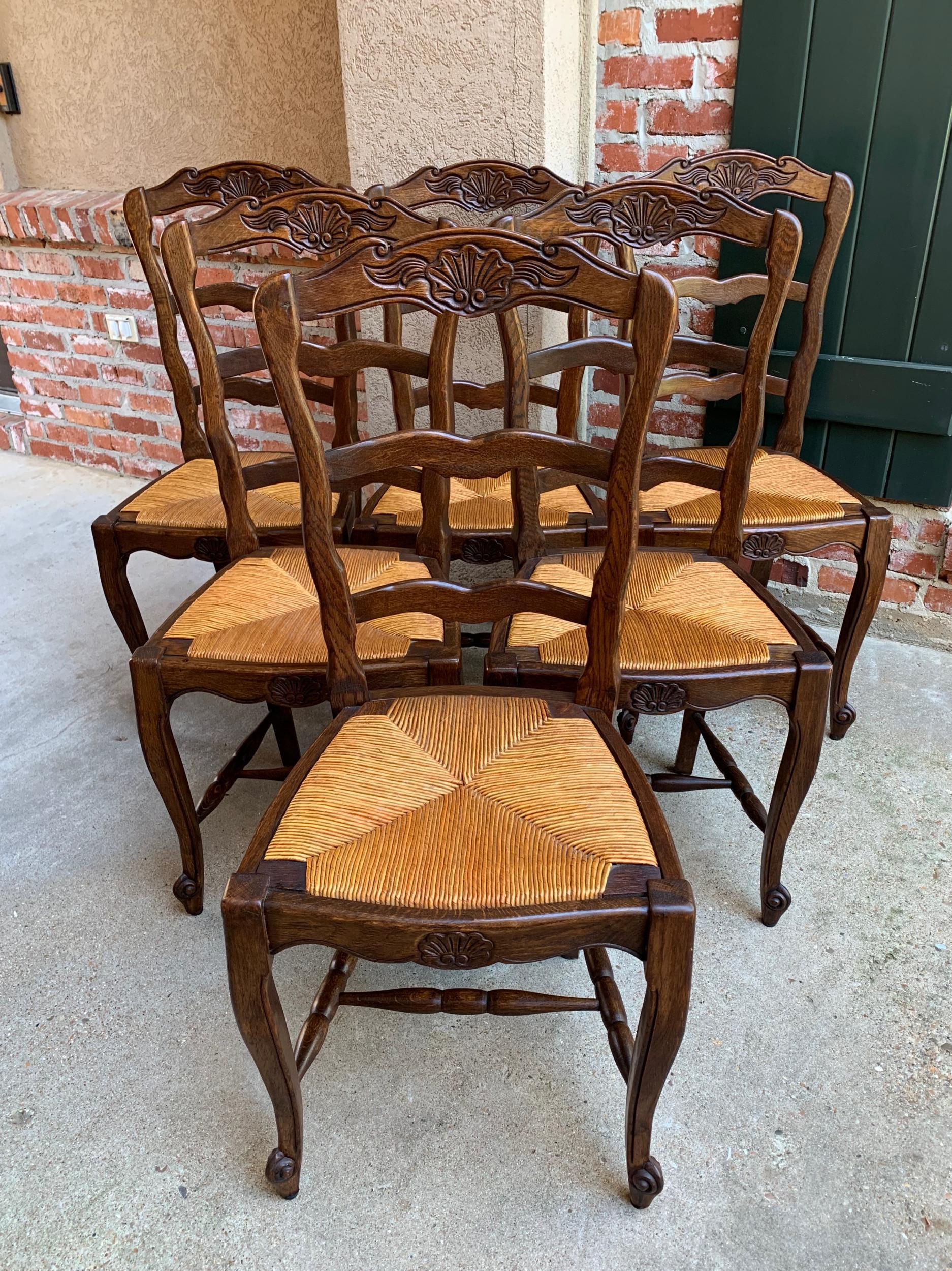 Set 6 Antique French Country Carved Oak Ladder Back Dining Chair Rush Seat 8