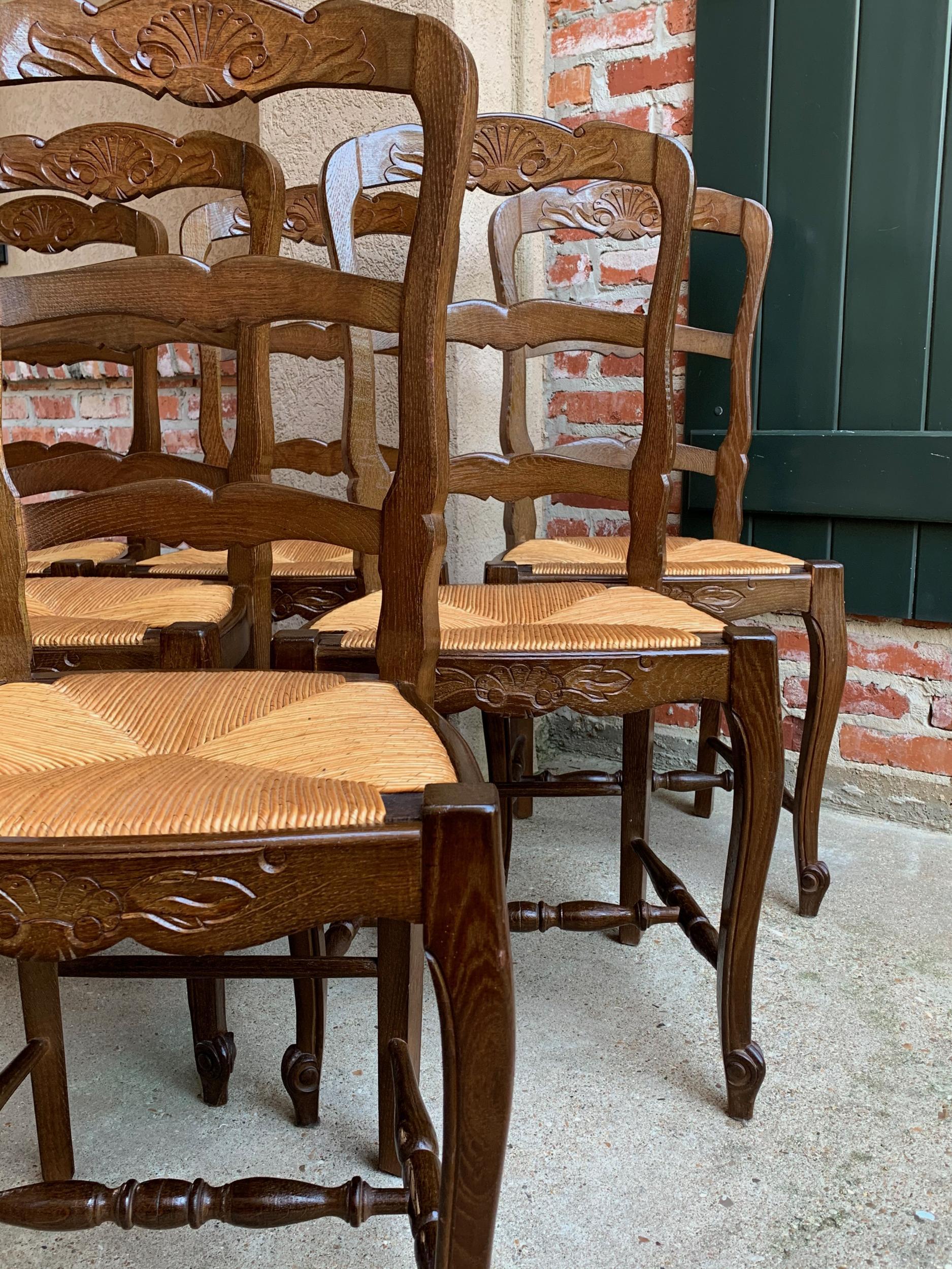 Set of 6 Antique French Country Carved Oak Ladder Back Dining Chair Rush Seat 6