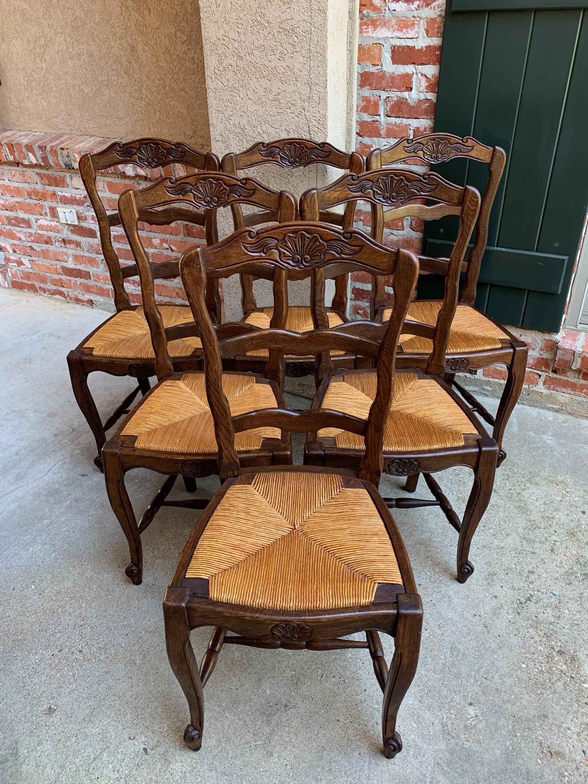 Set 6 Antique French Country Carved Oak Ladder Back Dining Chair Rush Seat 9
