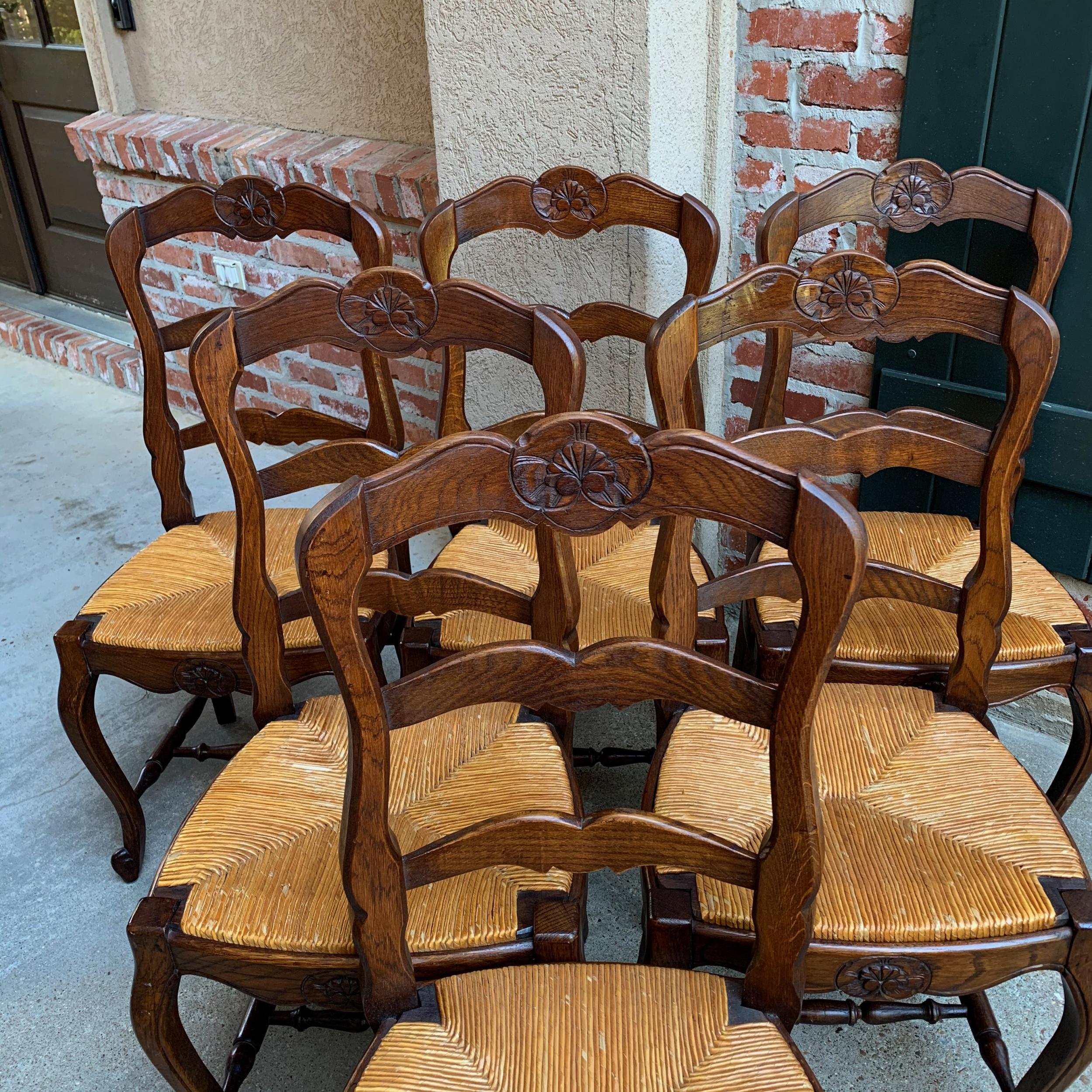 Set of 6 Antique French Country Carved Oak Ladder Back Dining Chair Rush Seat 9