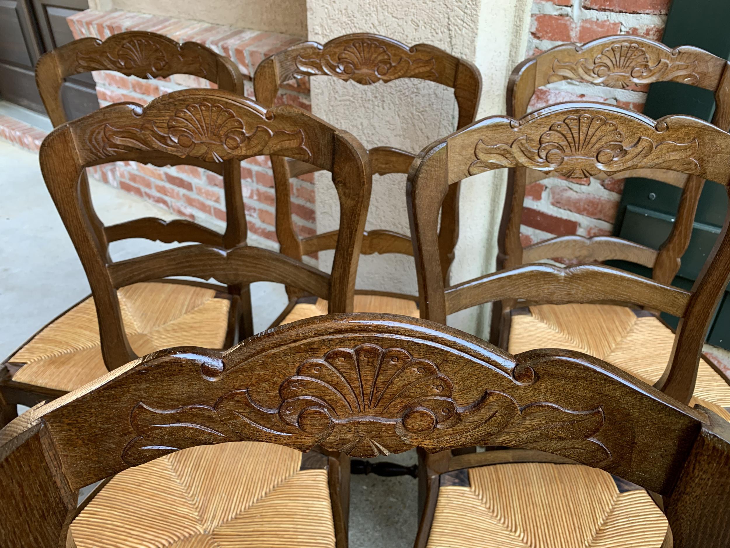 Set of 6 Antique French Country Carved Oak Ladder Back Dining Chair Rush Seat 7