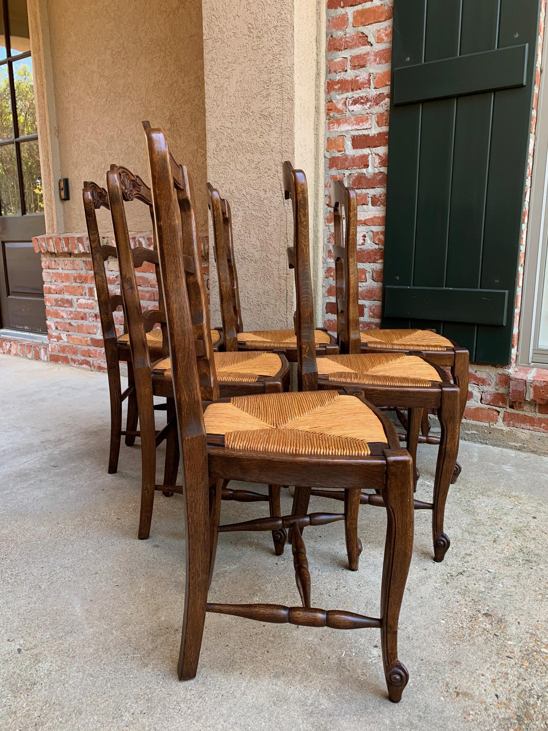 Set 6 Antique French Country Carved Oak Ladder Back Dining Chair Rush Seat 10