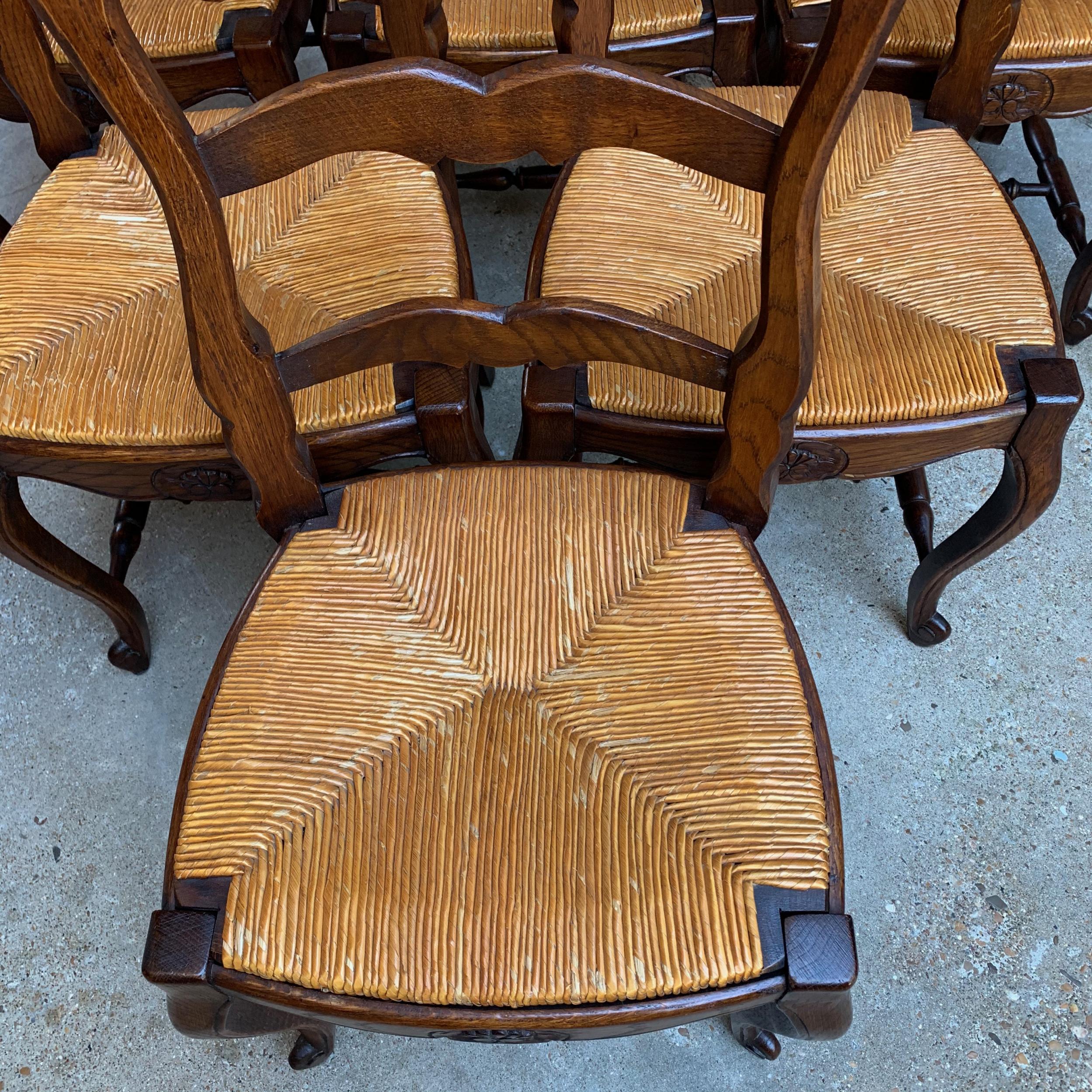 Set of 6 Antique French Country Carved Oak Ladder Back Dining Chair Rush Seat 10