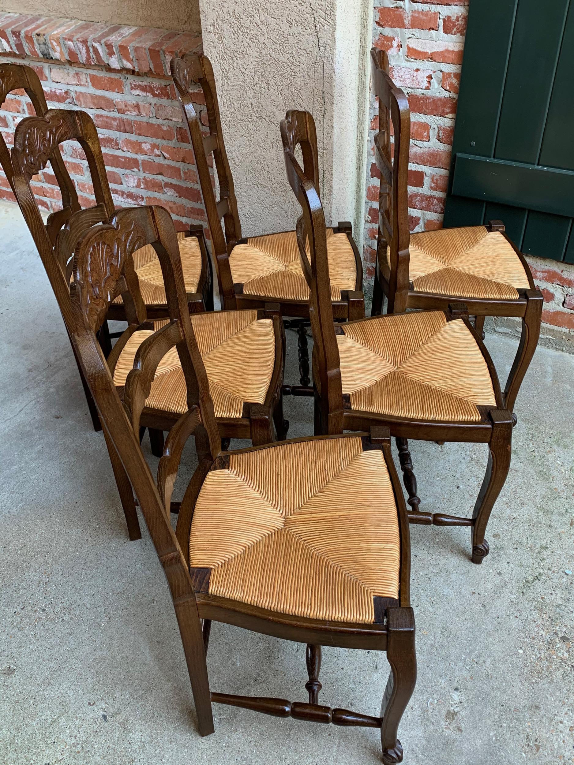 Set of 6 Antique French Country Carved Oak Ladder Back Dining Chair Rush Seat 8