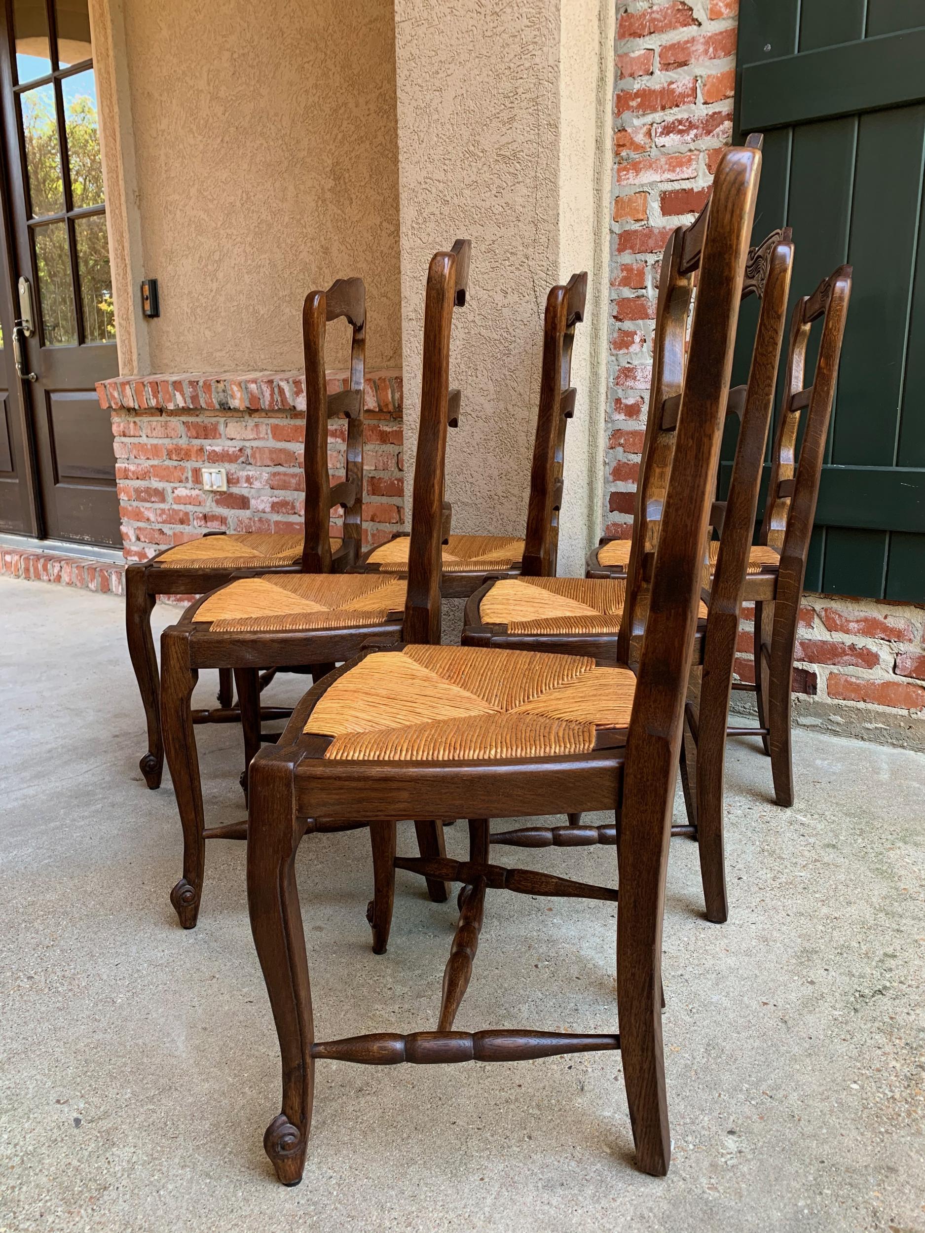 Set 6 Antique French Country Carved Oak Ladder Back Dining Chair Rush Seat 11