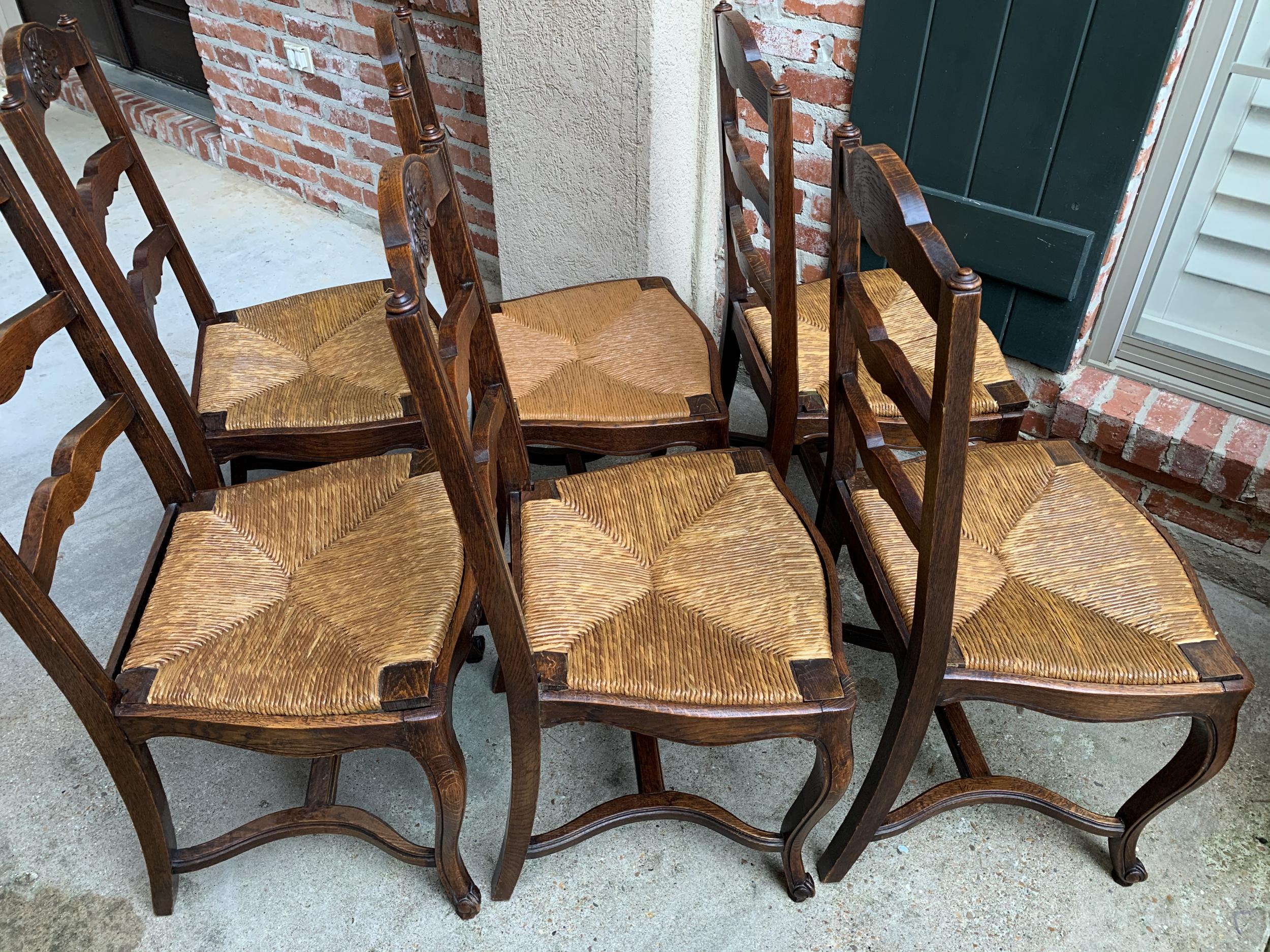 Set 6 Antique French Country Carved Oak Ladder Back Dining Chair Rush Seat 11