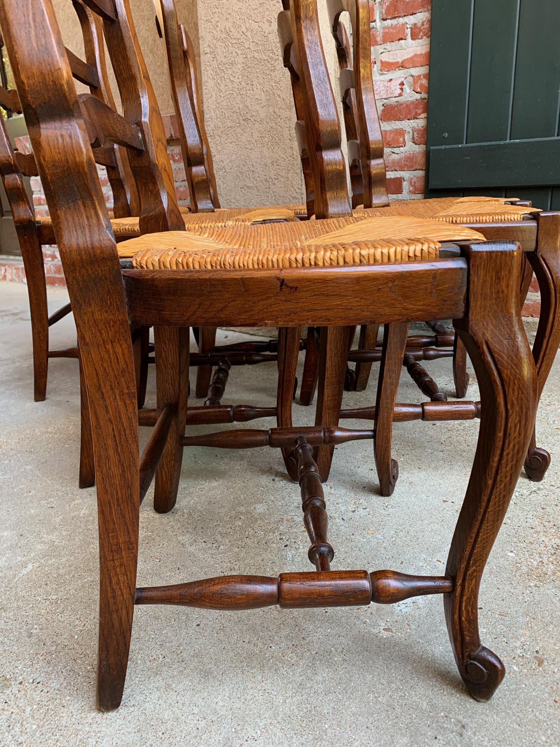 Set of 6 Antique French Country Carved Oak Ladder Back Dining Chair Rush Seat 11