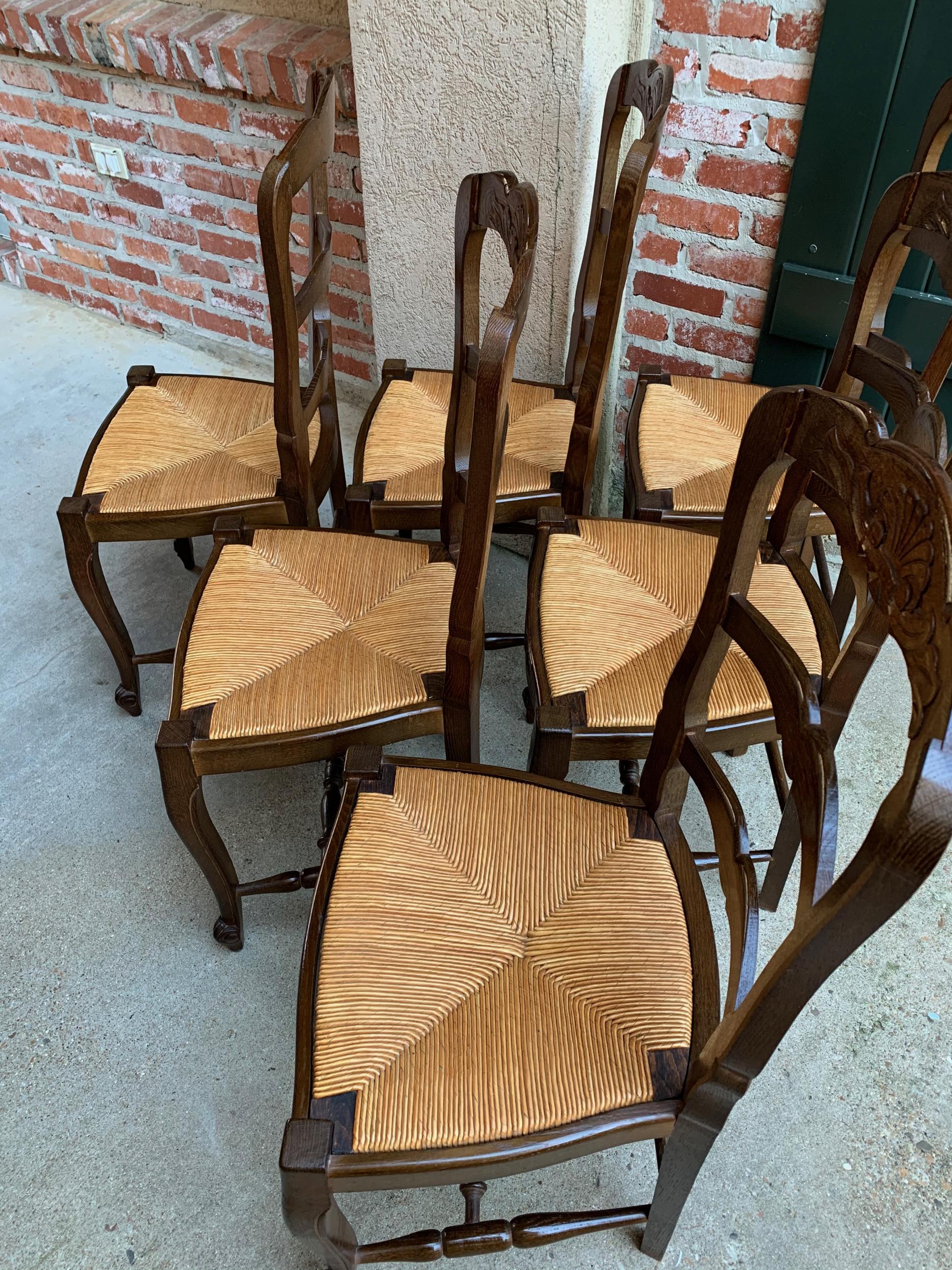 Set of 6 Antique French Country Carved Oak Ladder Back Dining Chair Rush Seat 9