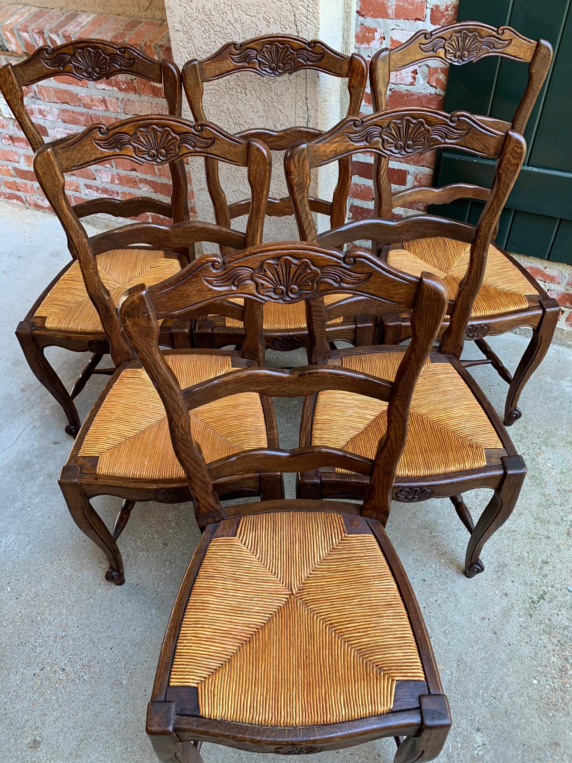 Set 6 Antique French Country Carved Oak Ladder Back Dining Chair Rush Seat 12