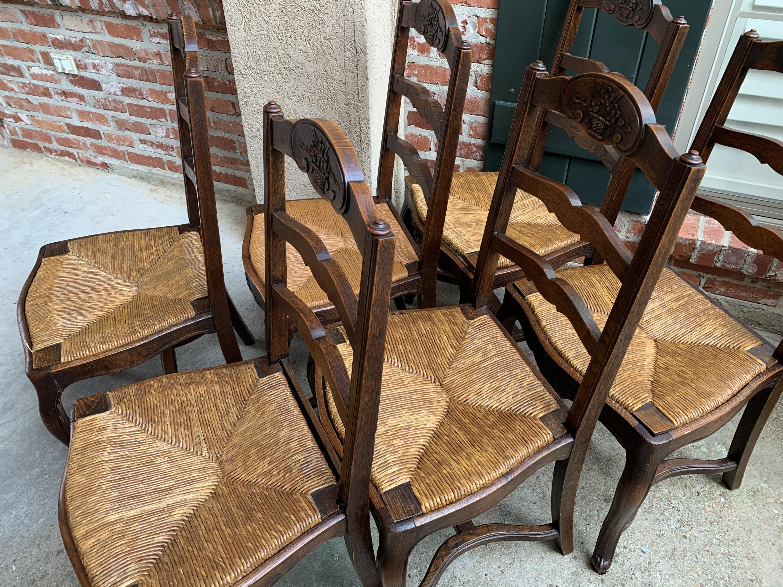 Set 6 Antique French Country Carved Oak Ladder Back Dining Chair Rush Seat 12