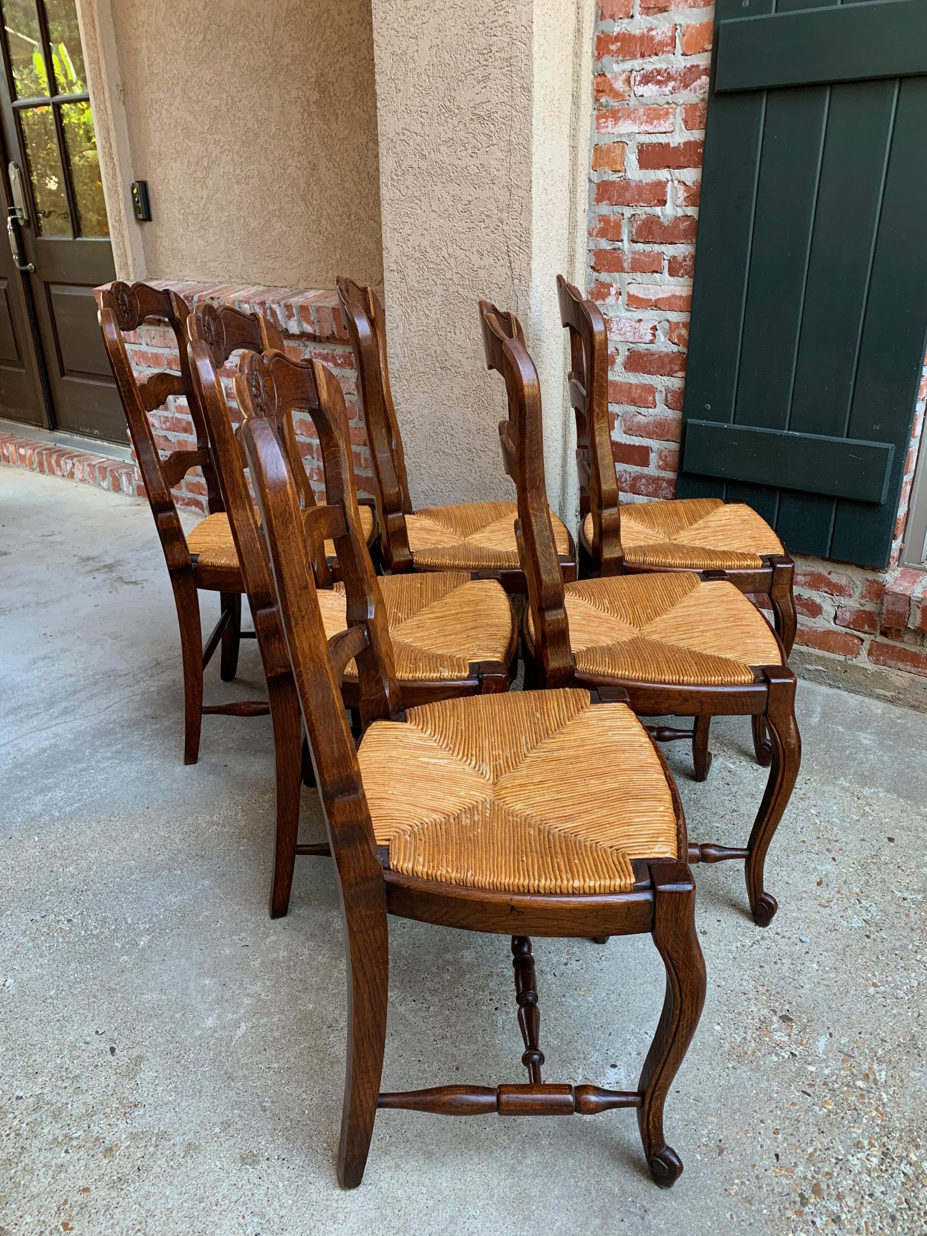 Set of 6 Antique French Country Carved Oak Ladder Back Dining Chair Rush Seat 12