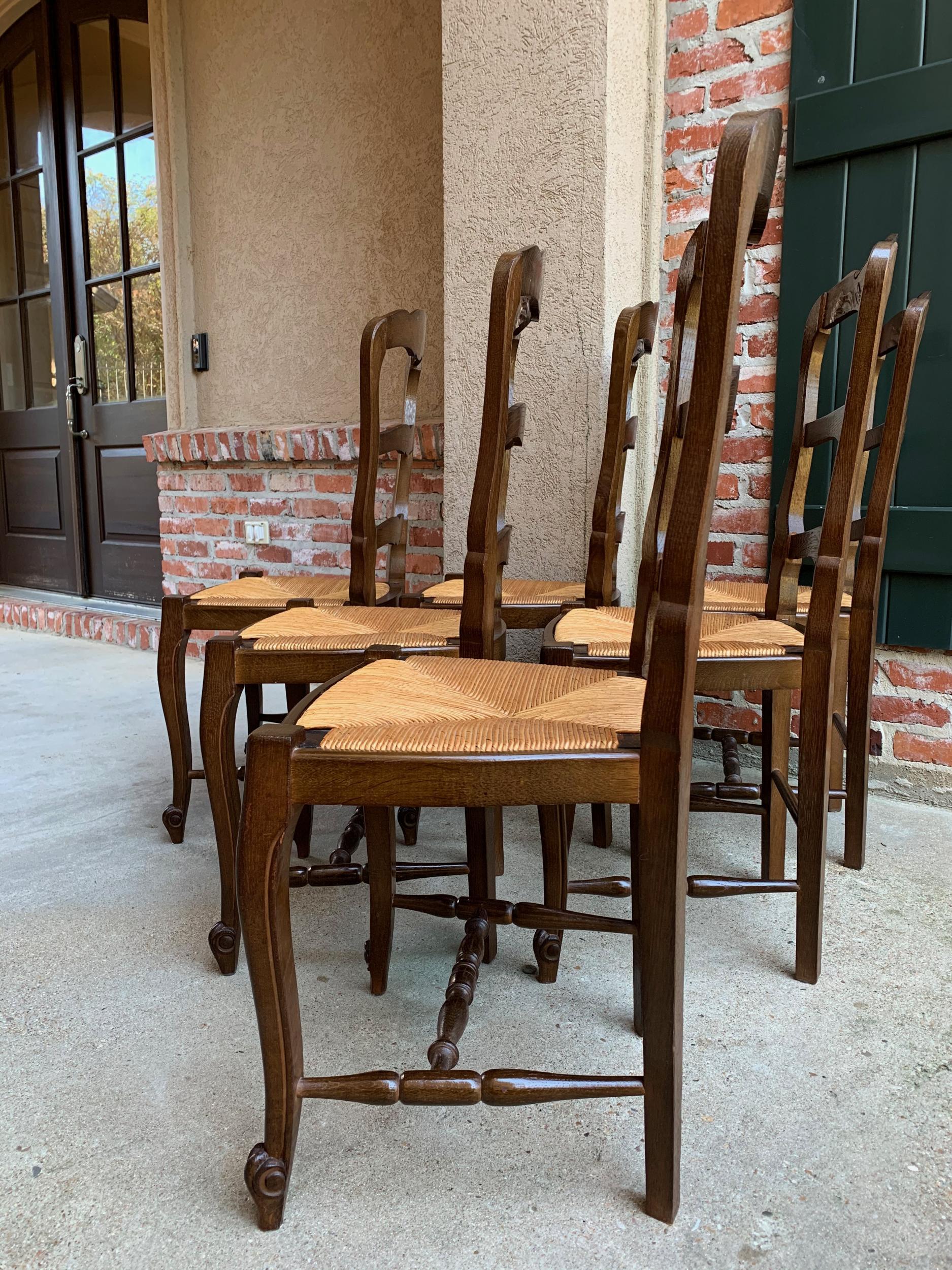 Set of 6 Antique French Country Carved Oak Ladder Back Dining Chair Rush Seat 10