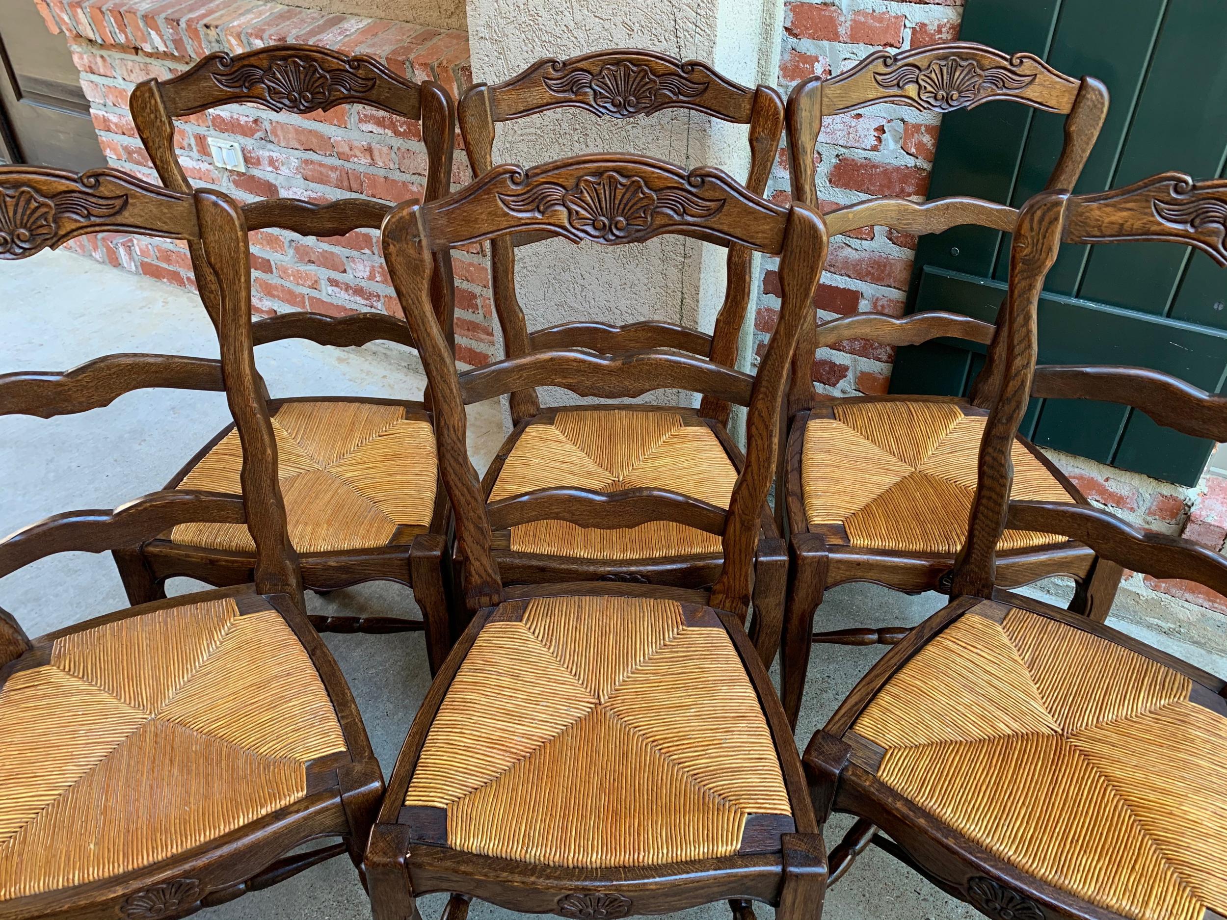 Set 6 Antique French Country Carved Oak Ladder Back Dining Chair Rush Seat 13