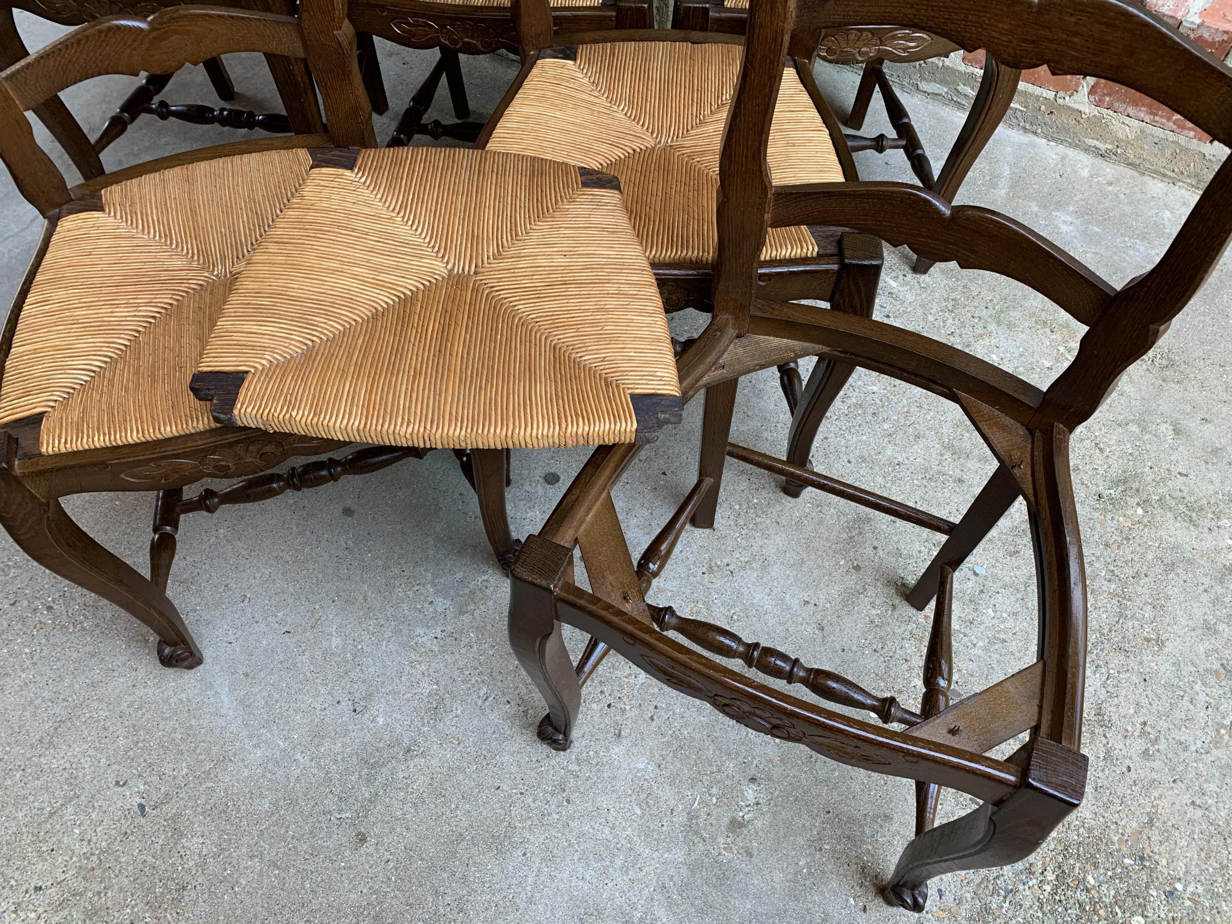 Set of 6 Antique French Country Carved Oak Ladder Back Dining Chair Rush Seat 11