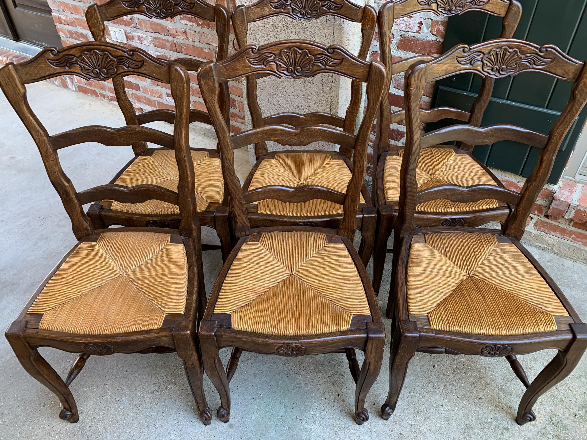Set 6 Antique French Country Carved Oak Ladder Back Dining Chair Rush Seat 14