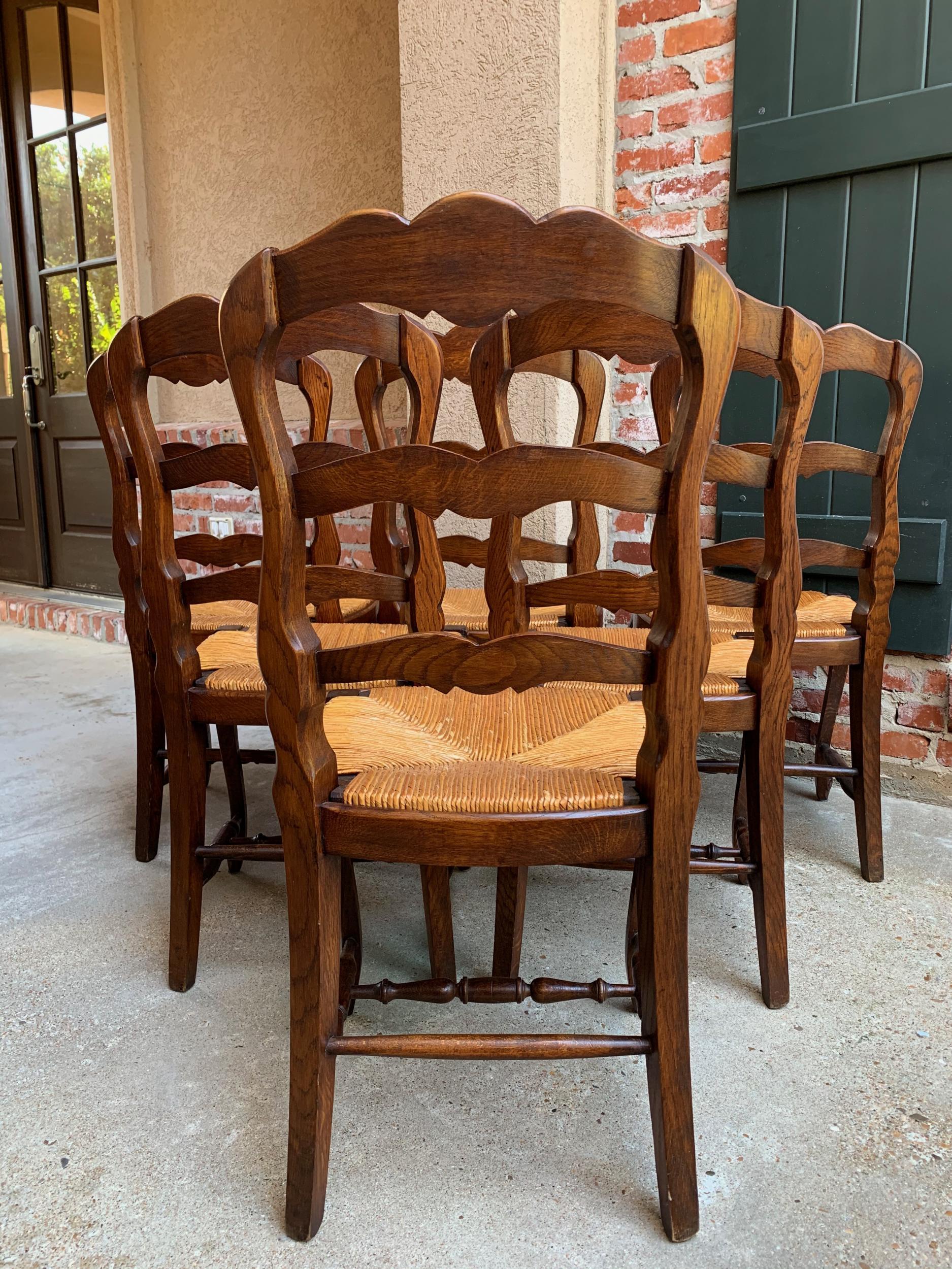 Set of 6 Antique French Country Carved Oak Ladder Back Dining Chair Rush Seat 14