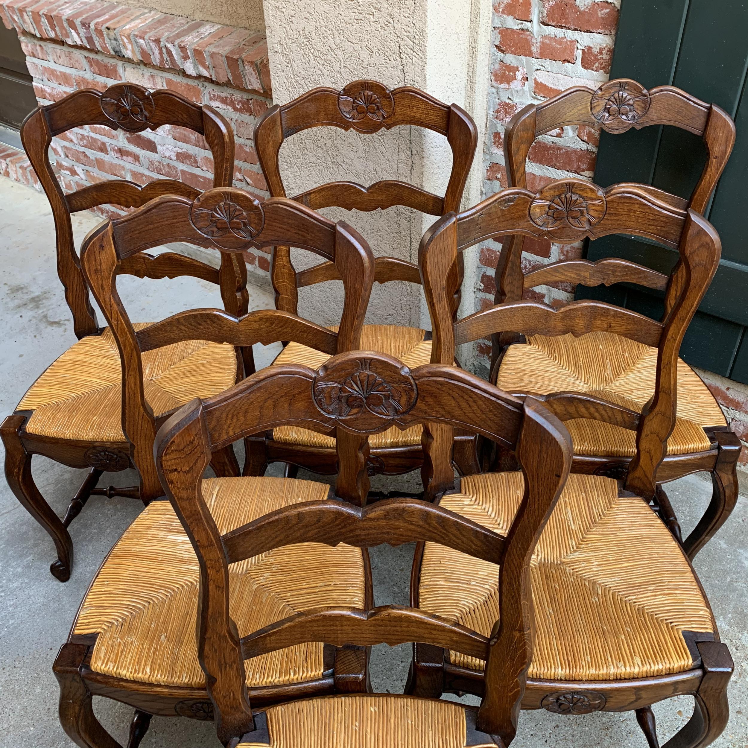 Louis XV Set of 6 Antique French Country Carved Oak Ladder Back Dining Chair Rush Seat