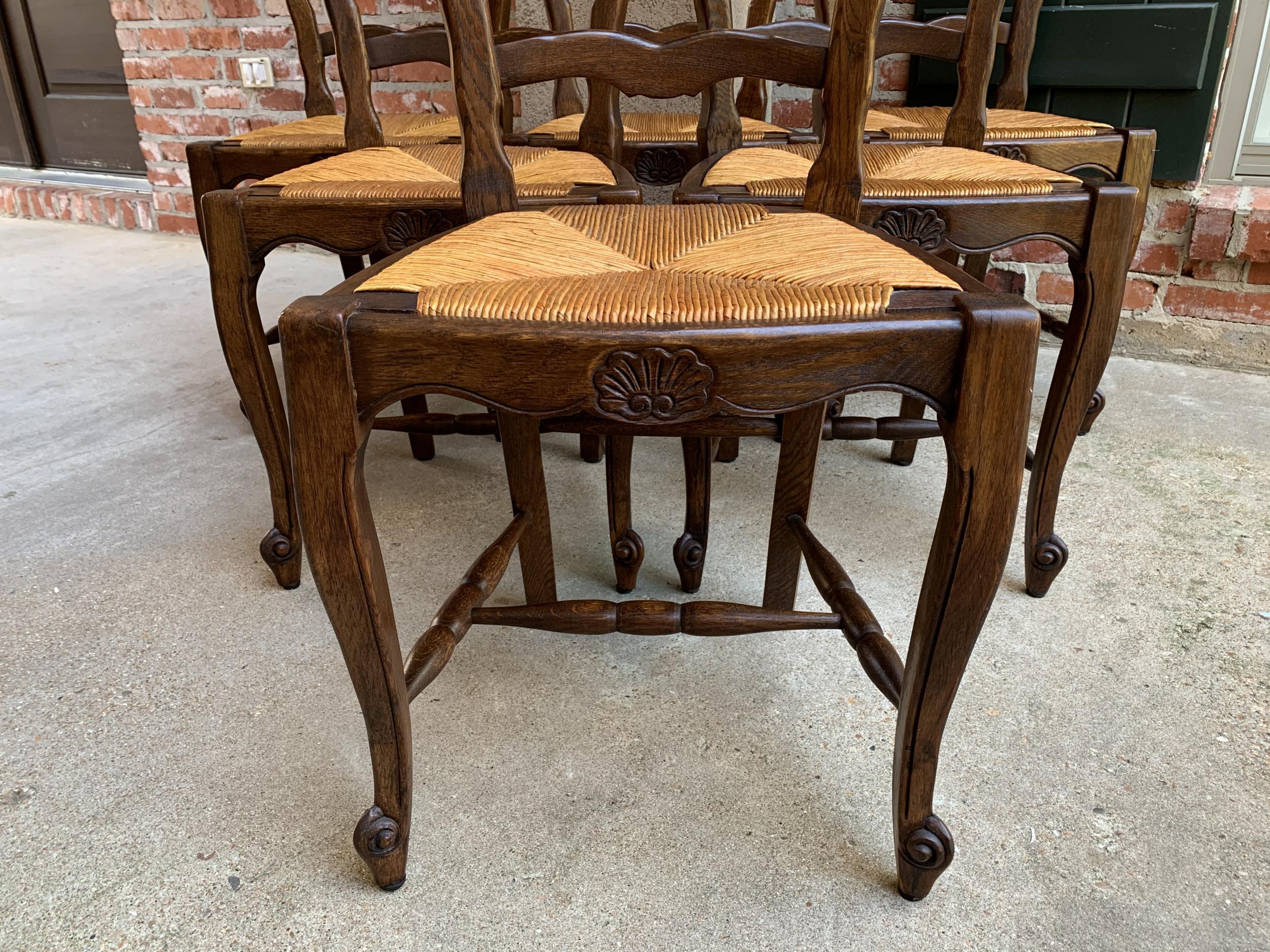 Early 20th Century Set 6 Antique French Country Carved Oak Ladder Back Dining Chair Rush Seat