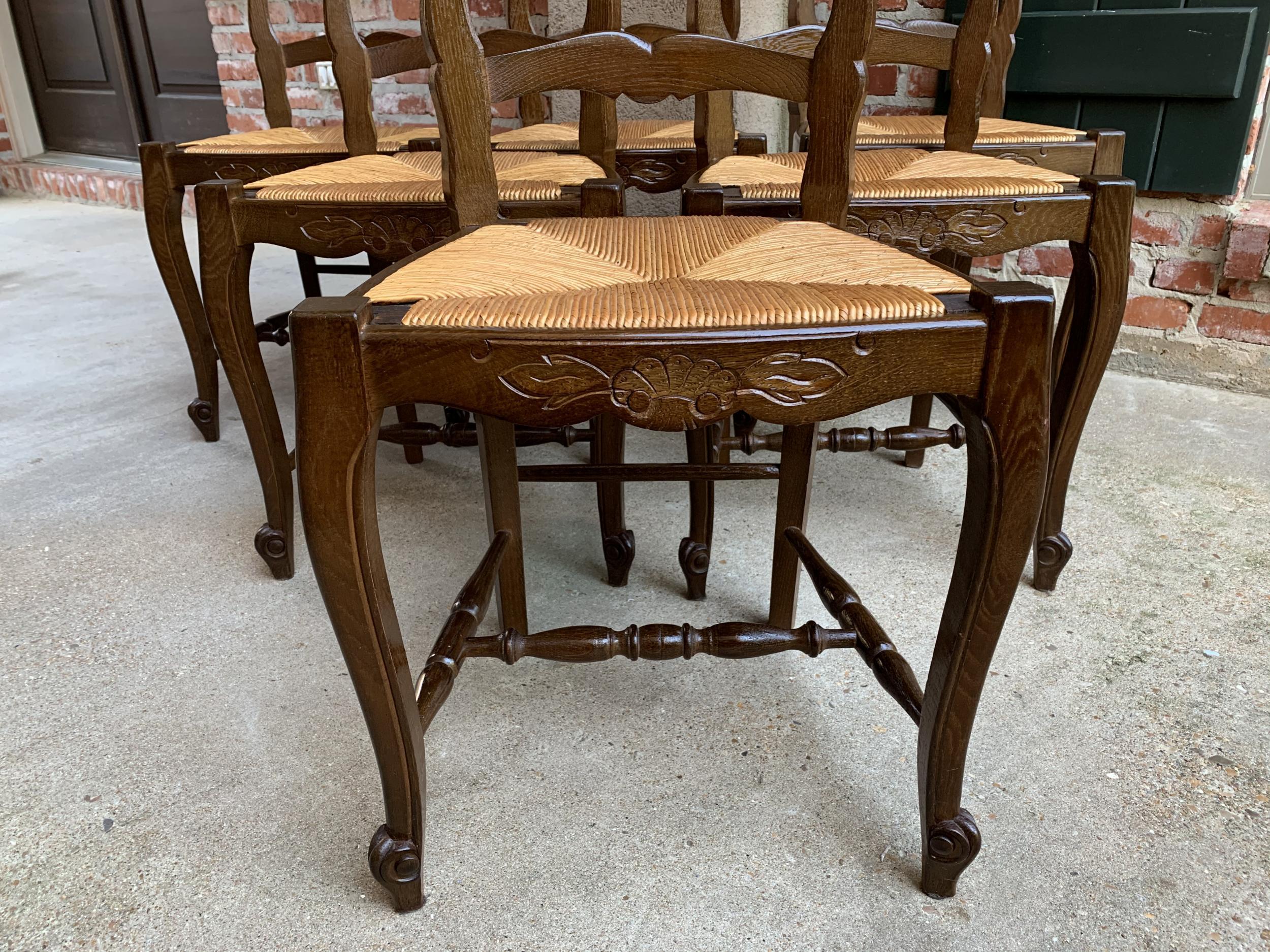 French Provincial Set of 6 Antique French Country Carved Oak Ladder Back Dining Chair Rush Seat