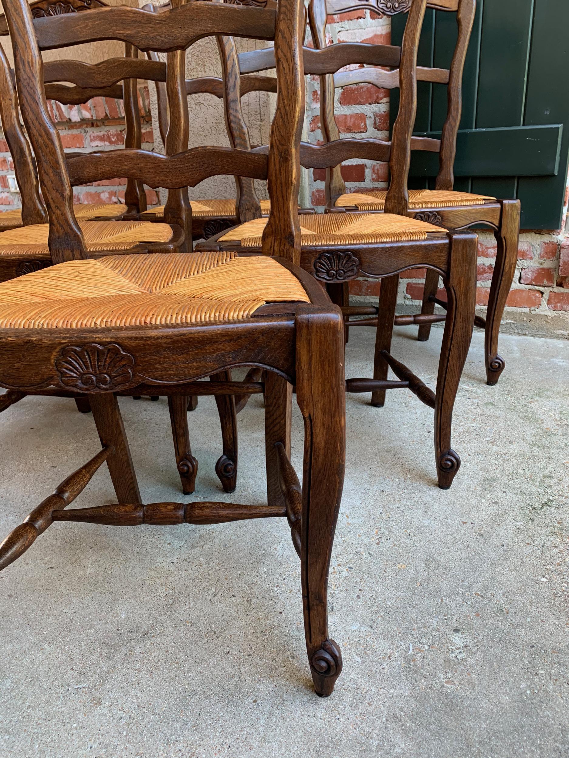 Set 6 Antique French Country Carved Oak Ladder Back Dining Chair Rush Seat 1