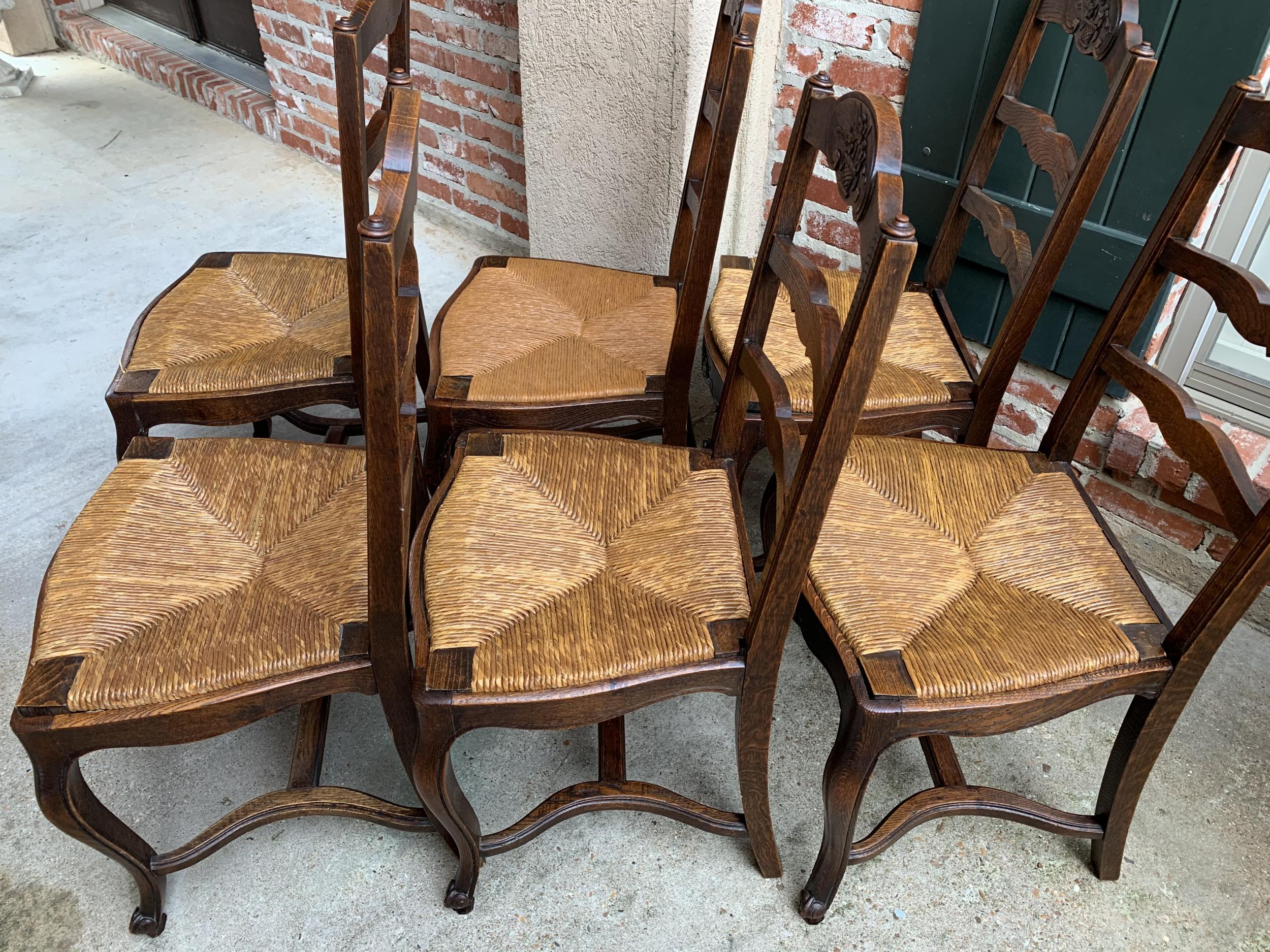 Set 6 Antique French Country Carved Oak Ladder Back Dining Chair Rush Seat 1
