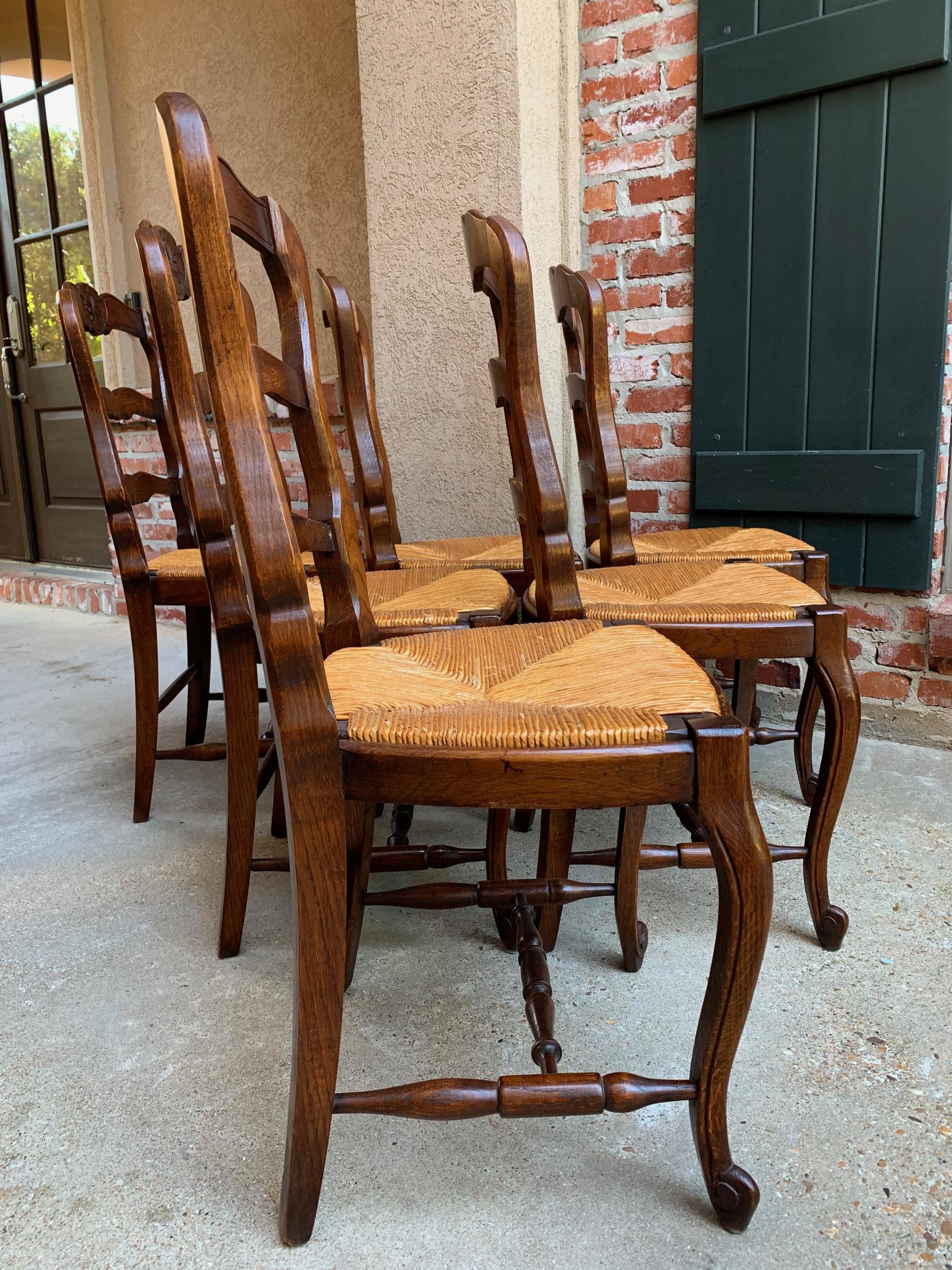 Set of 6 Antique French Country Carved Oak Ladder Back Dining Chair Rush Seat 1