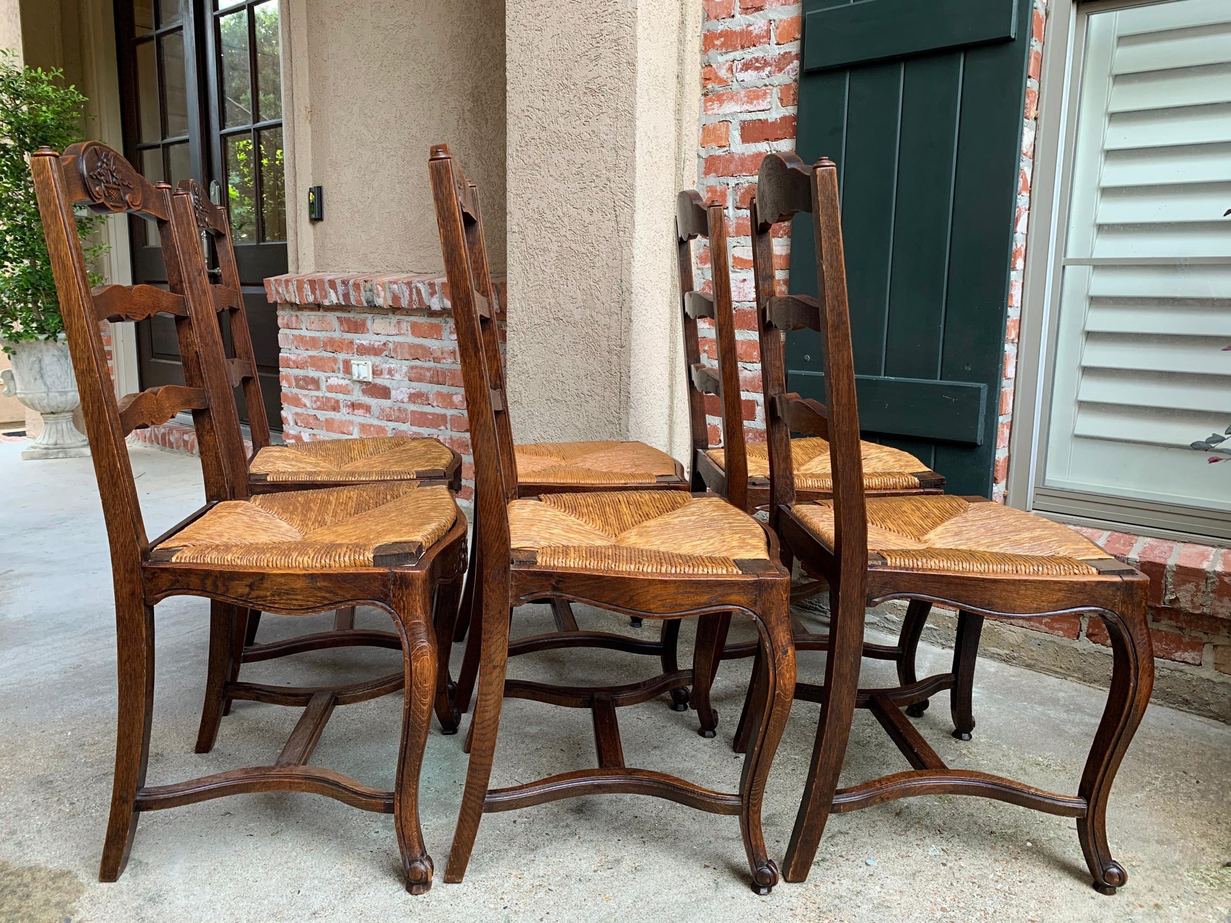 Set 6 Antique French Country Carved Oak Ladder Back Dining Chair Rush Seat 2