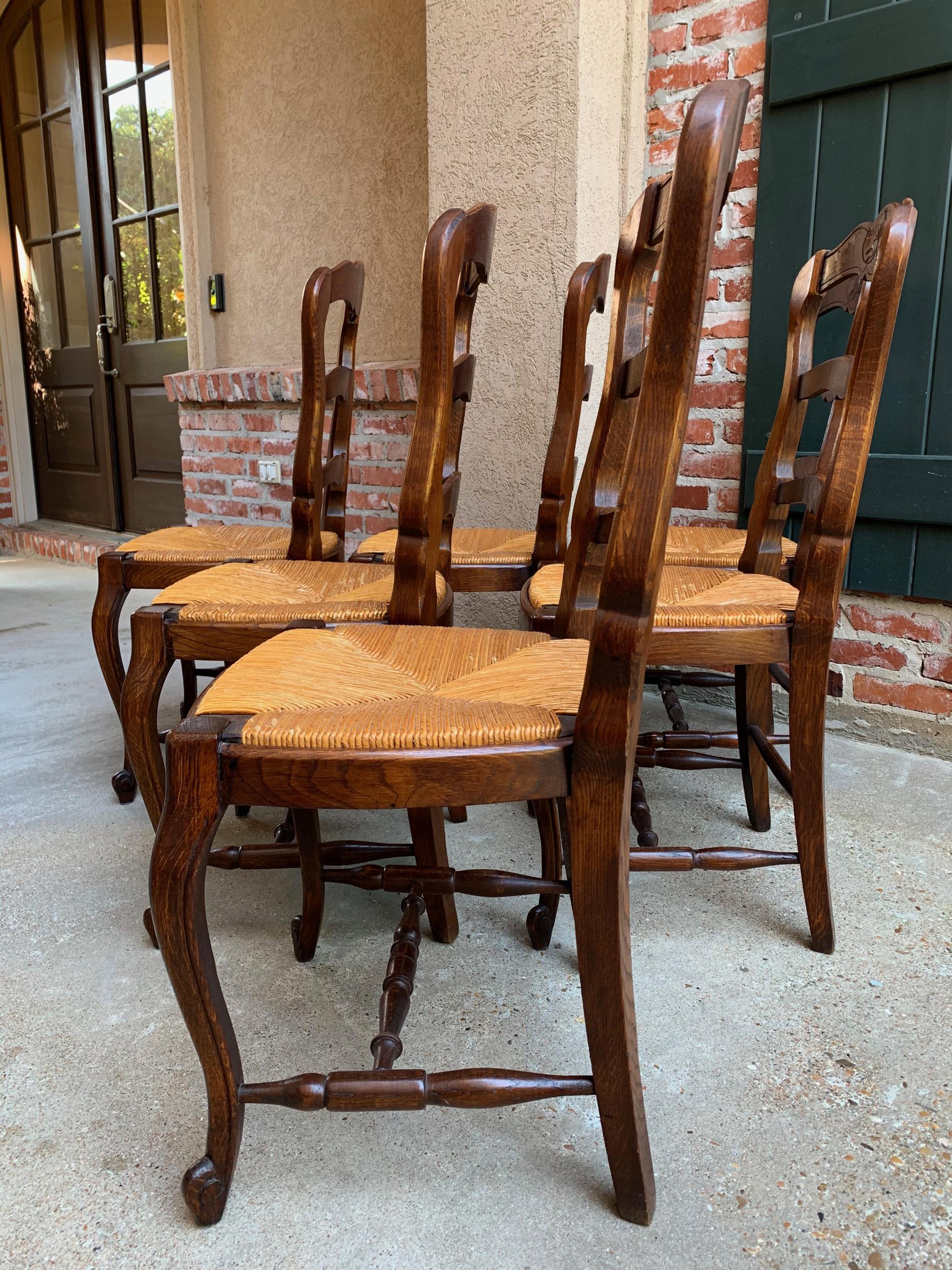 Set of 6 Antique French Country Carved Oak Ladder Back Dining Chair Rush Seat 2