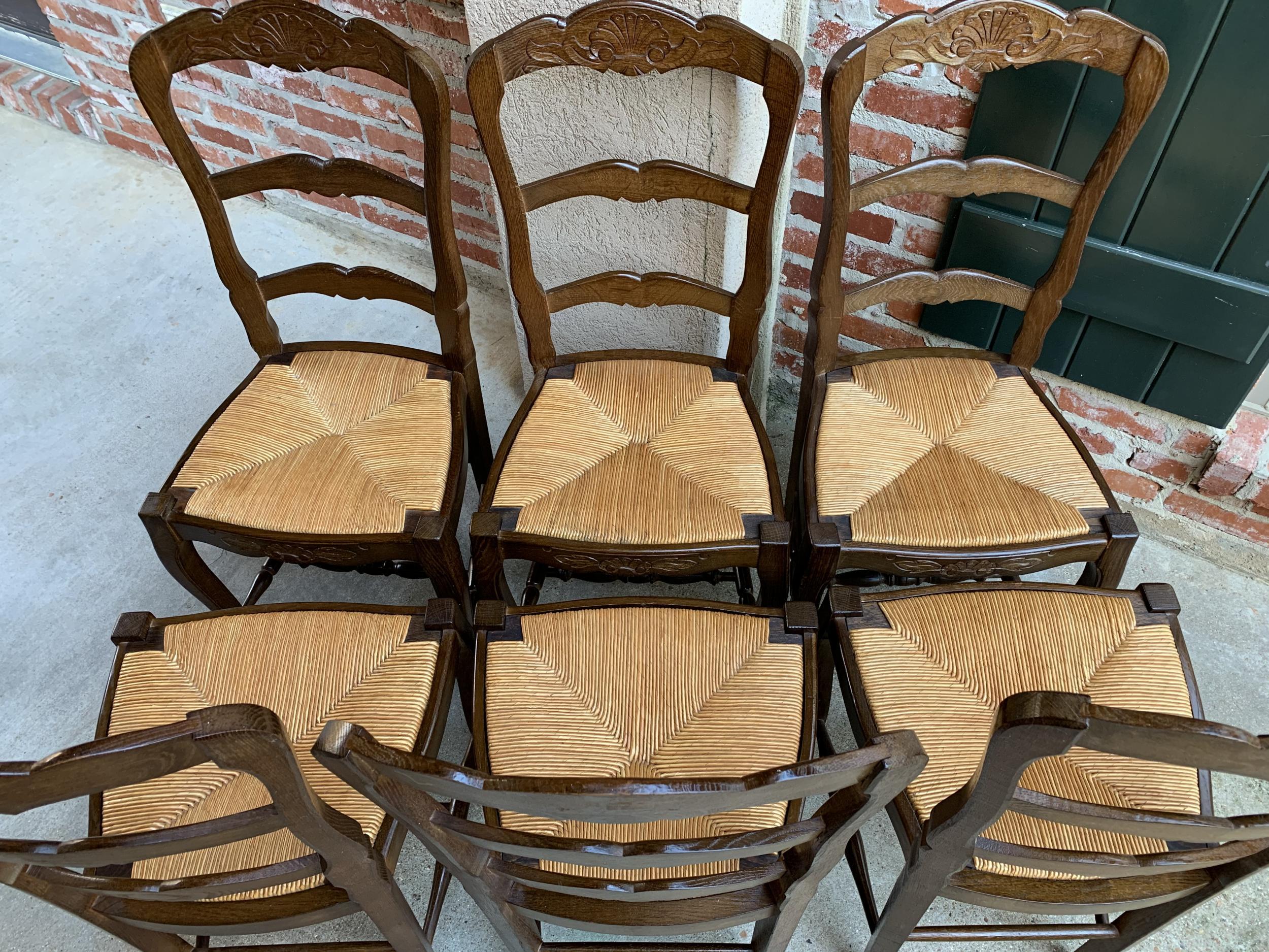 Early 20th Century Set of 6 Antique French Country Carved Oak Ladder Back Dining Chair Rush Seat