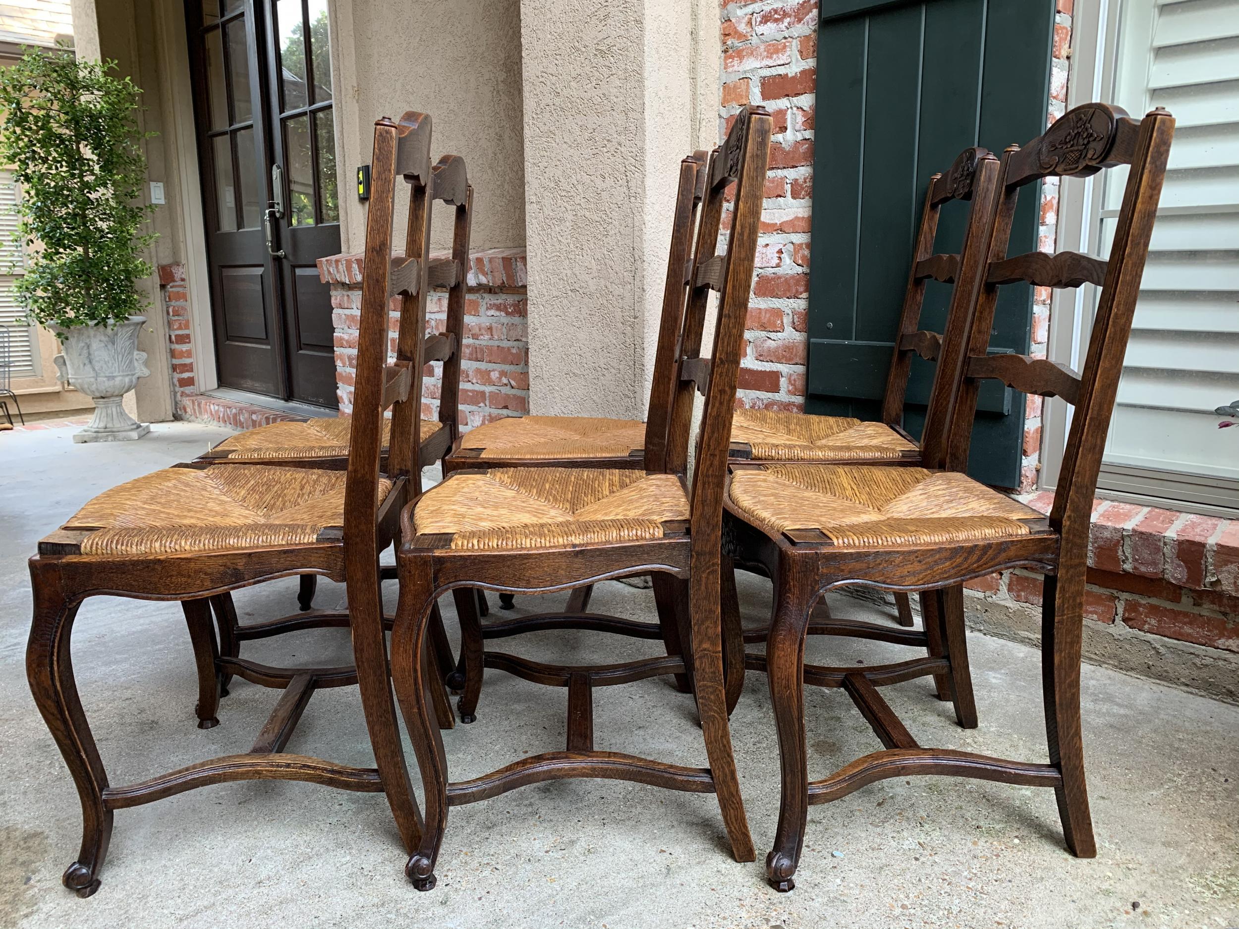 Set 6 Antique French Country Carved Oak Ladder Back Dining Chair Rush Seat 3