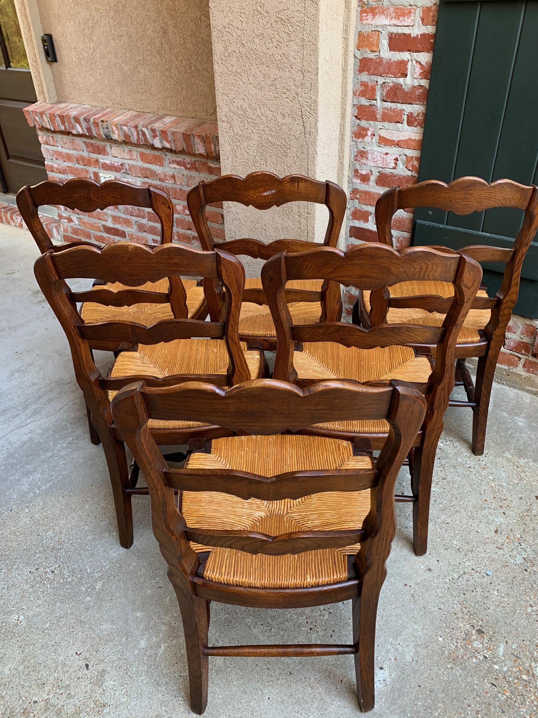 Set of 6 Antique French Country Carved Oak Ladder Back Dining Chair Rush Seat 3