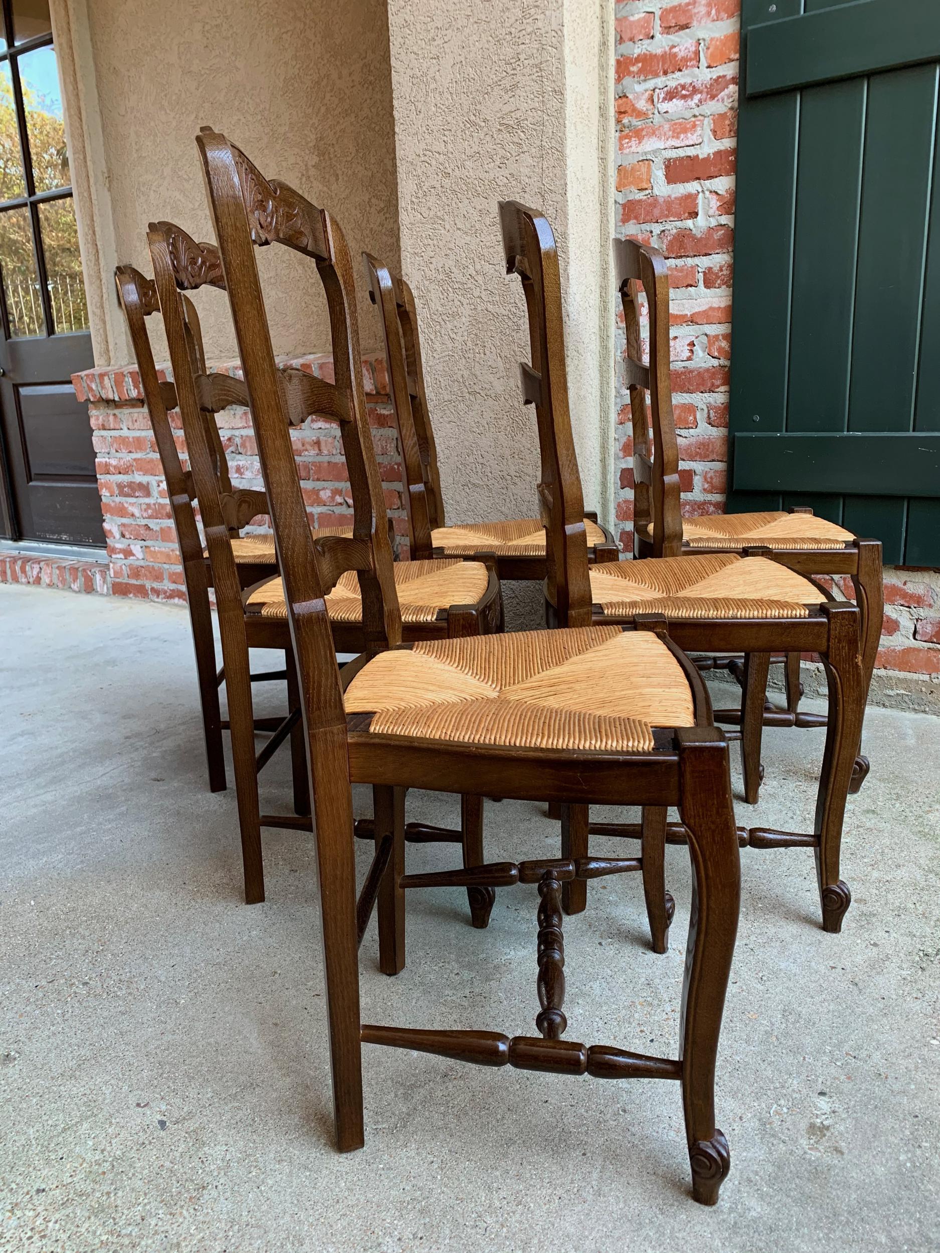 Set of 6 Antique French Country Carved Oak Ladder Back Dining Chair Rush Seat 1