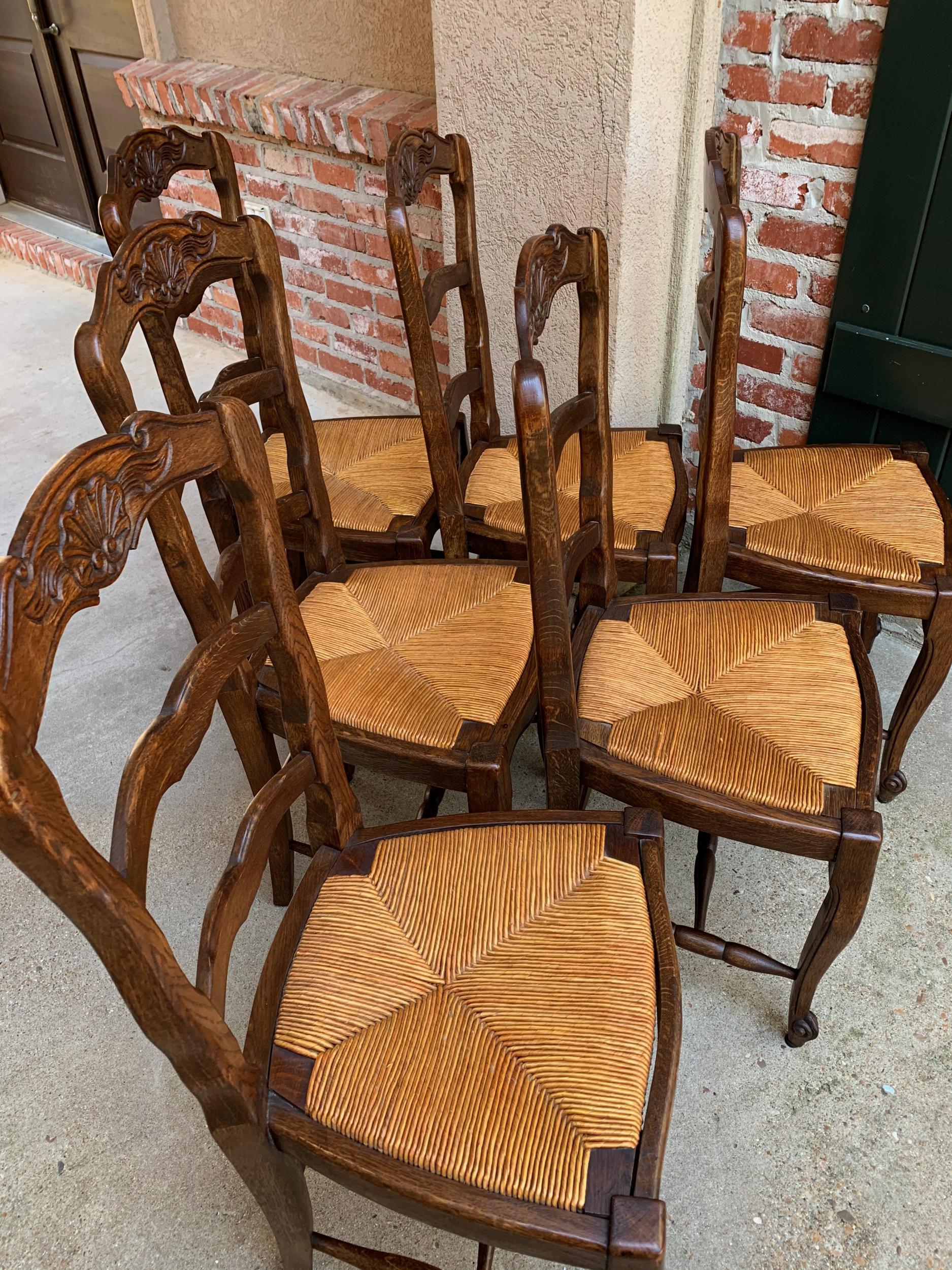 Set 6 Antique French Country Carved Oak Ladder Back Dining Chair Rush Seat 4