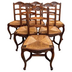 Set 6 Antique French Country Carved Oak Ladder Back Dining Chair Rush Seat