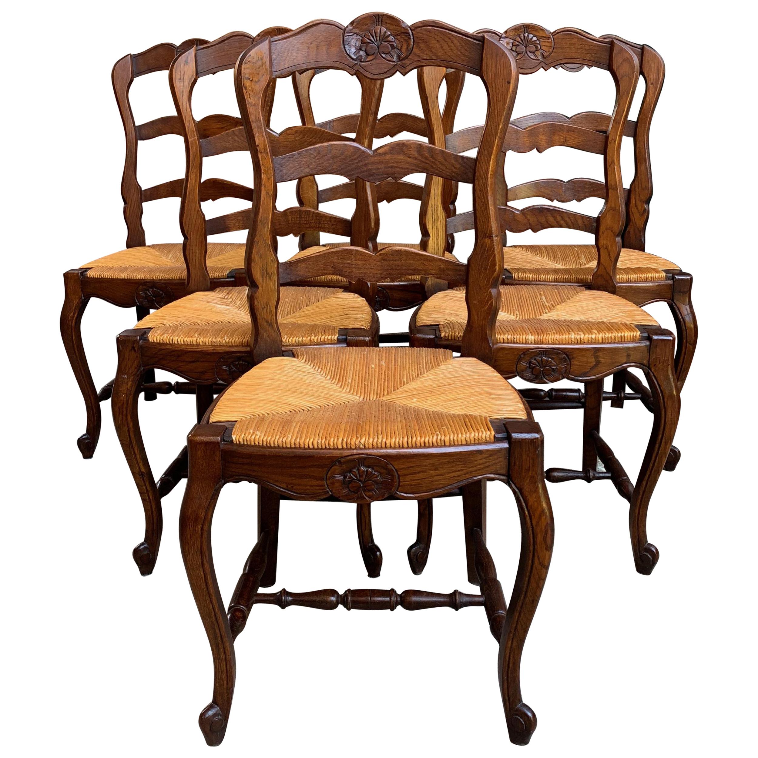 Set of 6 Antique French Country Carved Oak Ladder Back Dining Chair Rush Seat