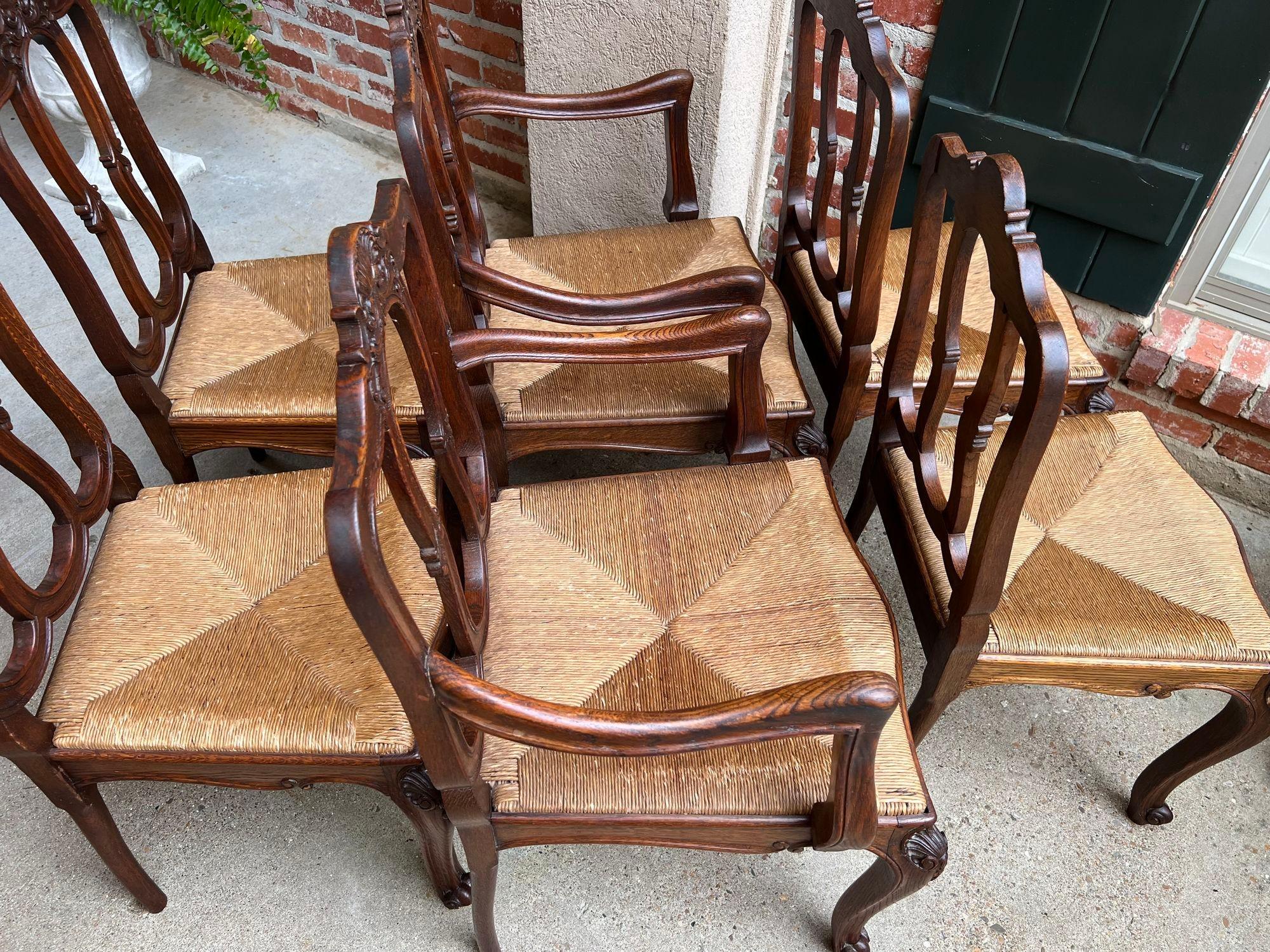 Set 6 Antique French Dining Chairs Carved Oak Rush Seat Louis XV Arm and Side For Sale 4
