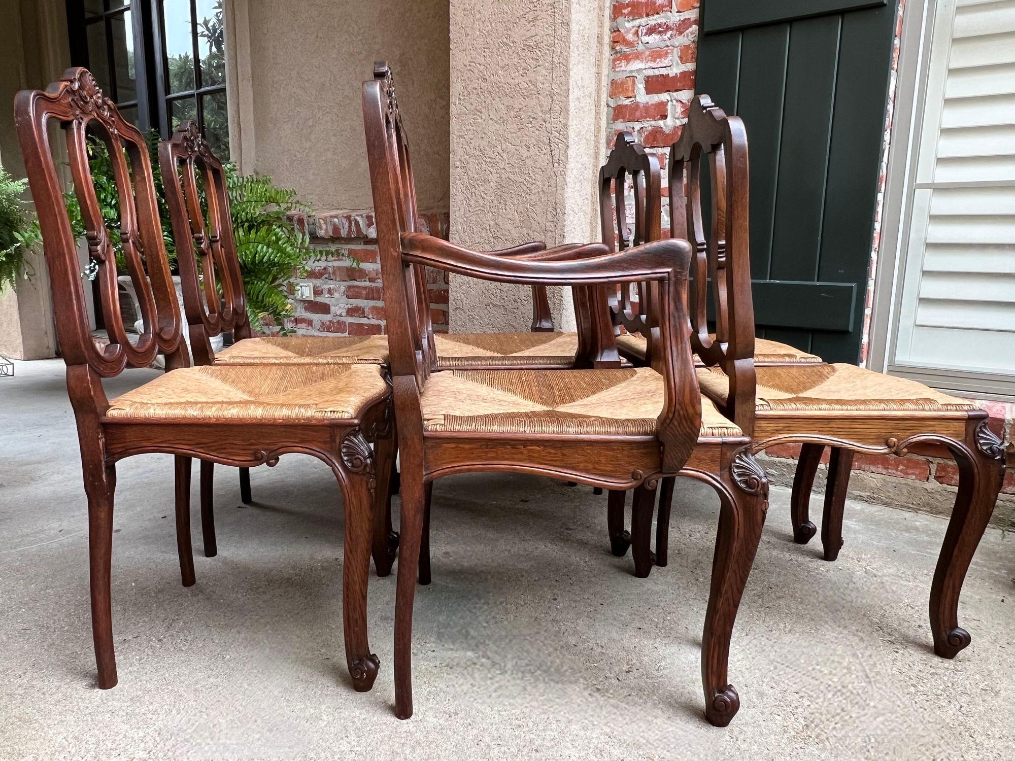 Set 6 Antique French Dining Chairs Carved Oak Rush Seat Louis XV Arm and Side For Sale 5