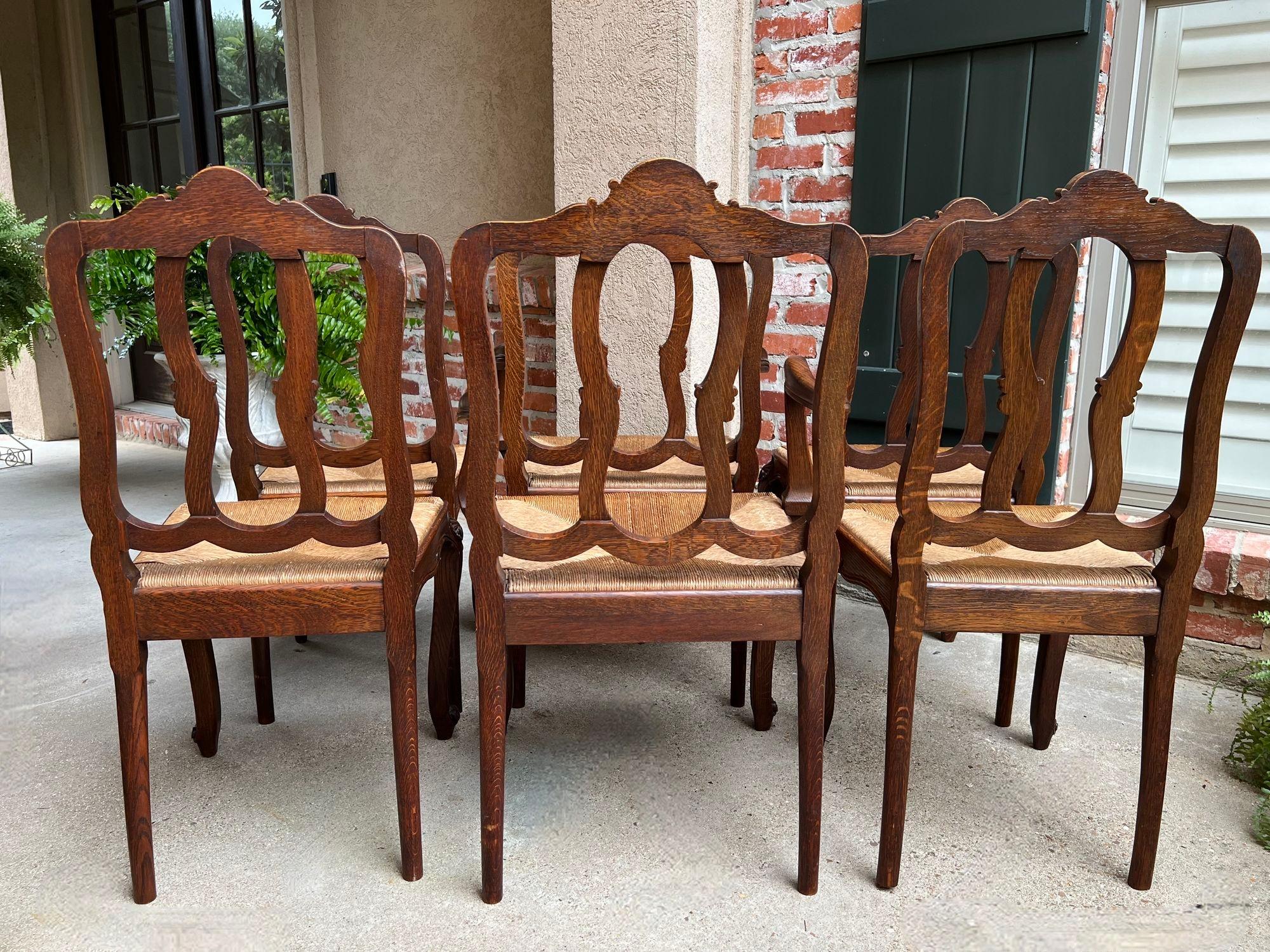 Set 6 Antique French Dining Chairs Carved Oak Rush Seat Louis XV Arm and Side For Sale 6