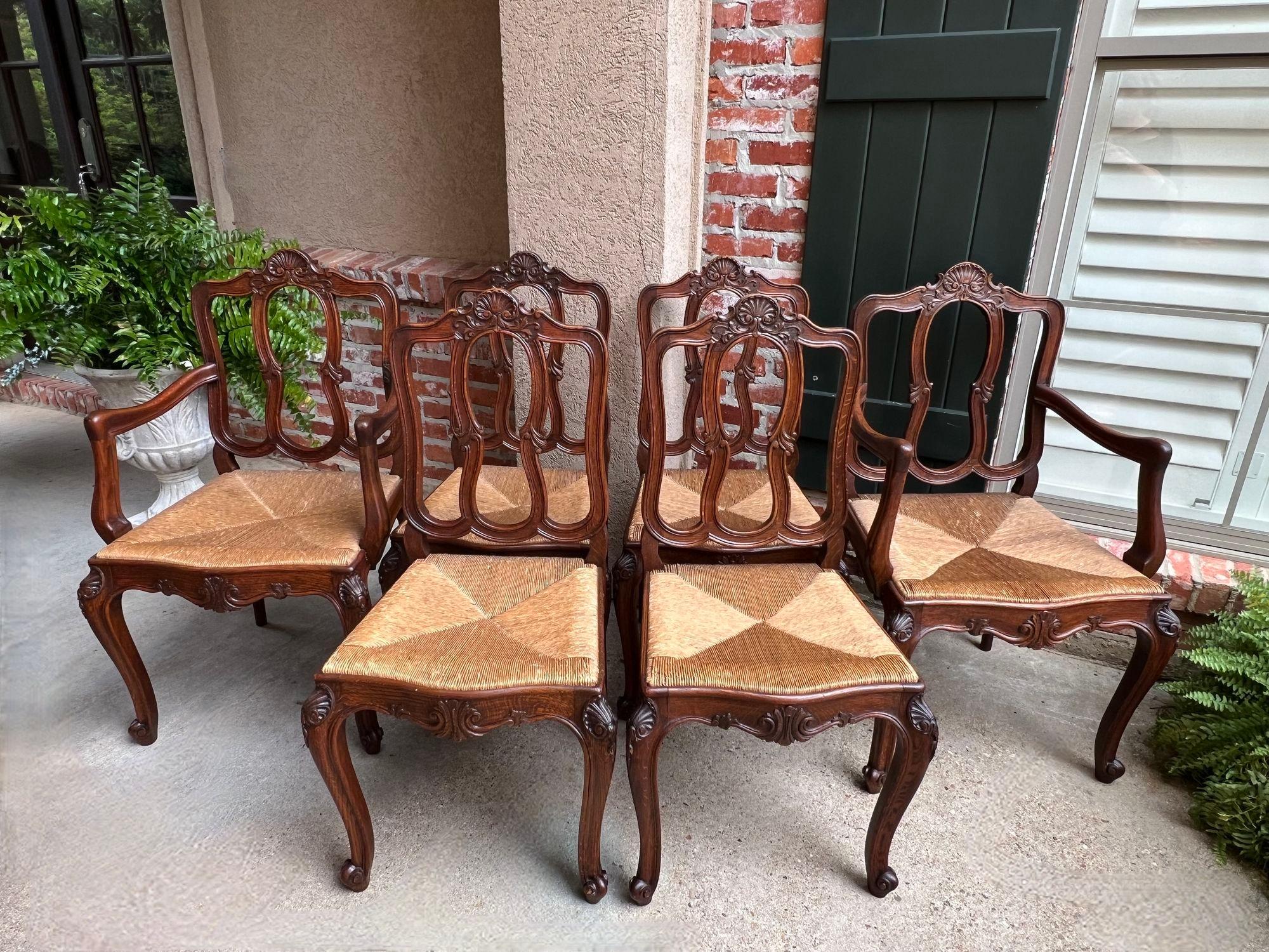Set 6 Antique French Dining Chairs Carved Oak Rush Seat Louis XV Arm and Side For Sale 7