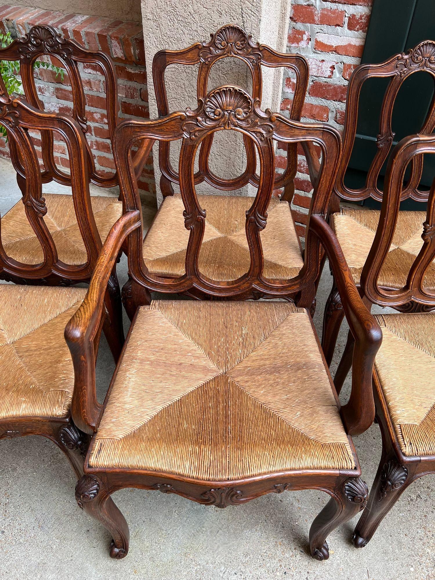 Set 6 Antique French Dining Chairs Carved Oak Rush Seat Louis XV Arm and Side For Sale 8