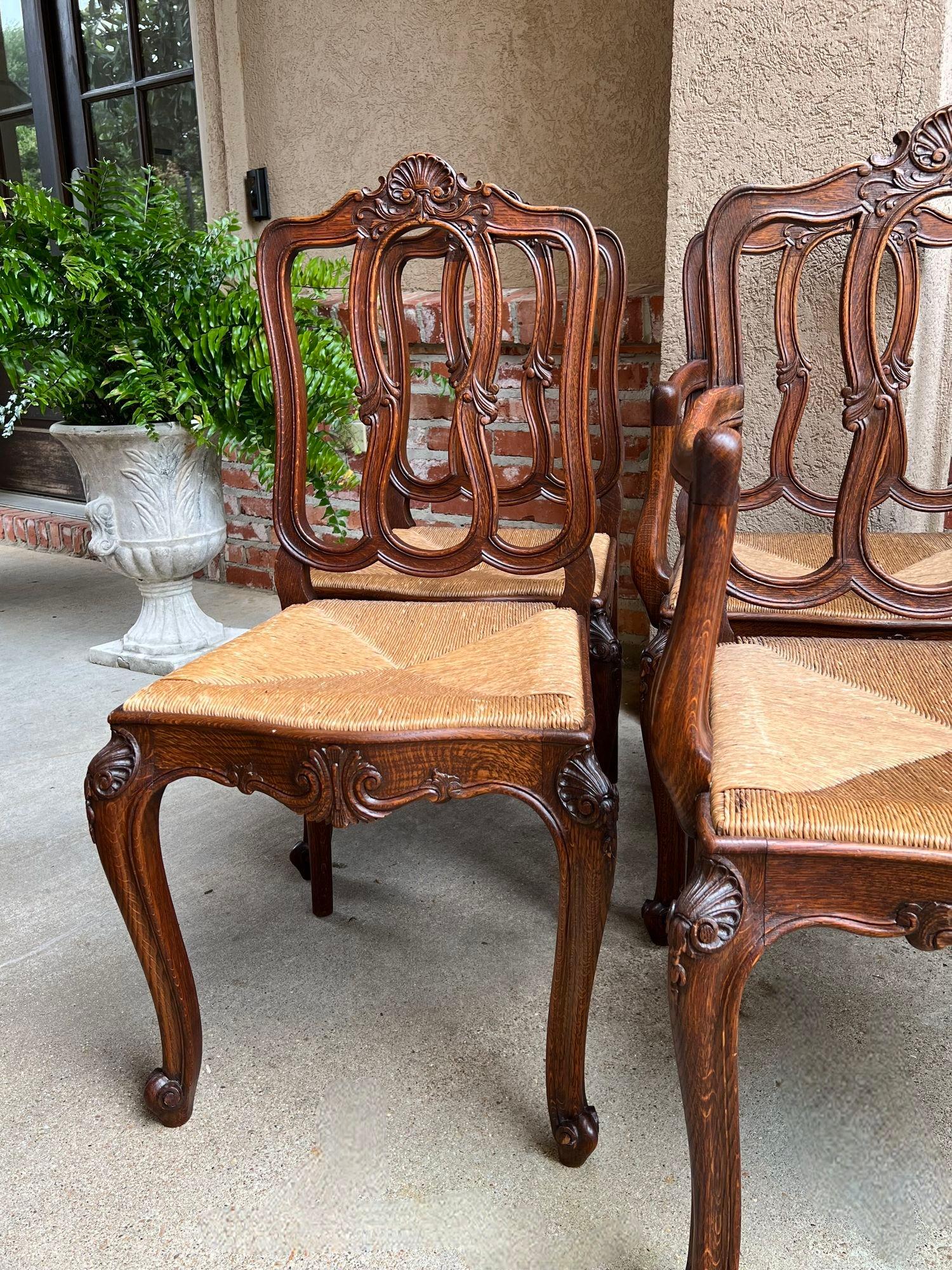Set 6 Antique French Dining Chairs Carved Oak Rush Seat Louis XV Arm and Side For Sale 9
