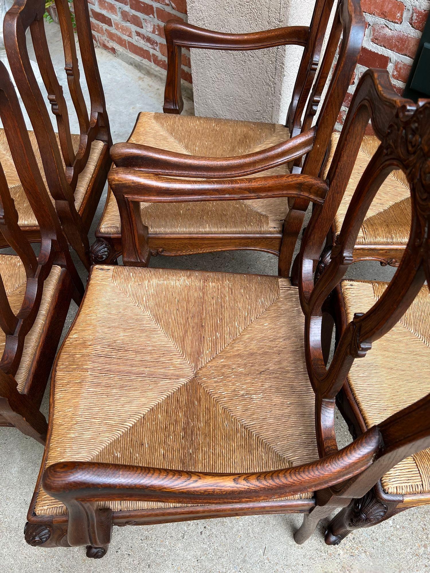 Set 6 Antique French Dining Chairs Carved Oak Rush Seat Louis XV Arm and Side For Sale 12