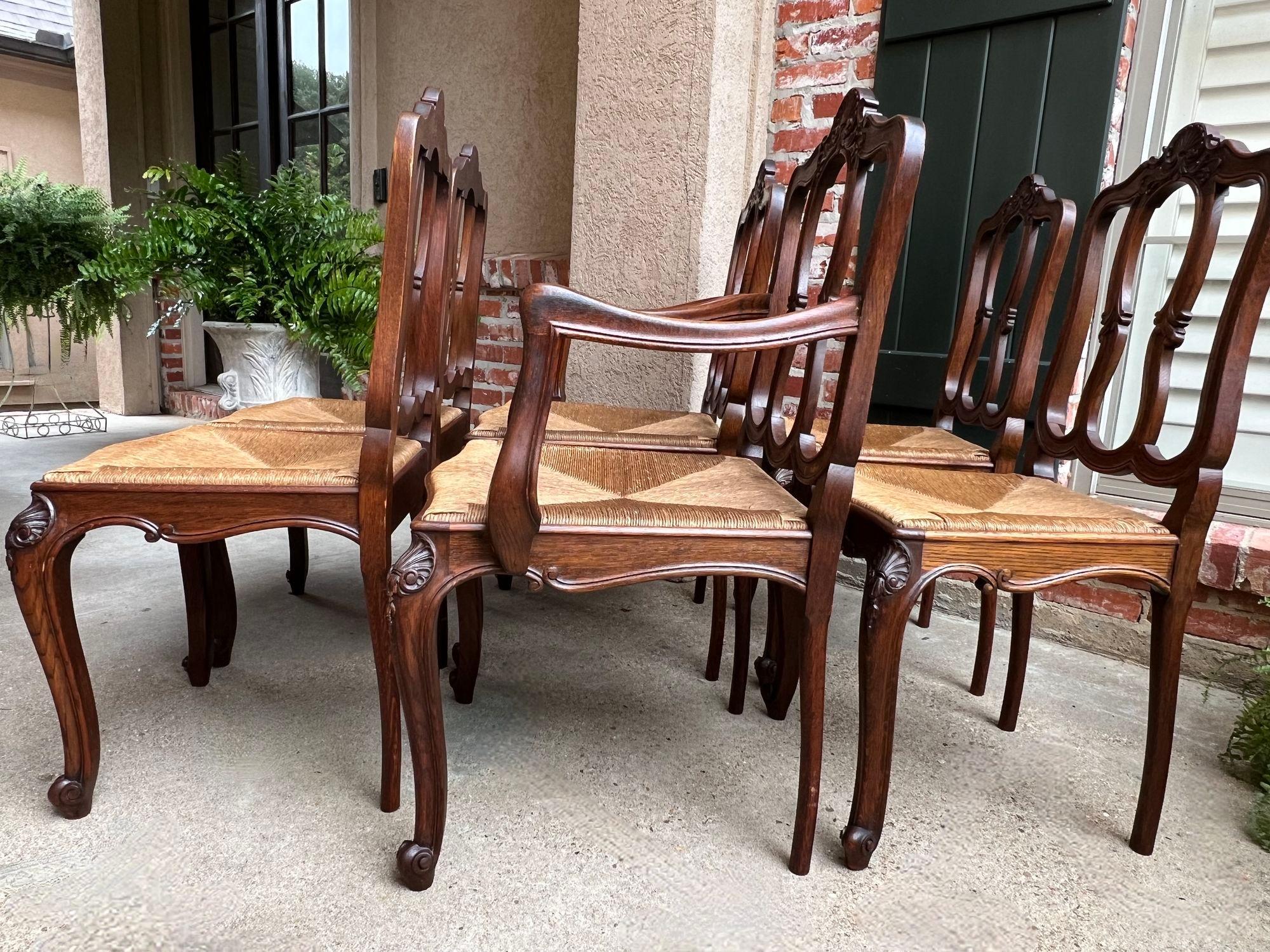 Set 6 Antique French Dining Chairs Carved Oak Rush Seat Louis XV Arm and Side For Sale 13