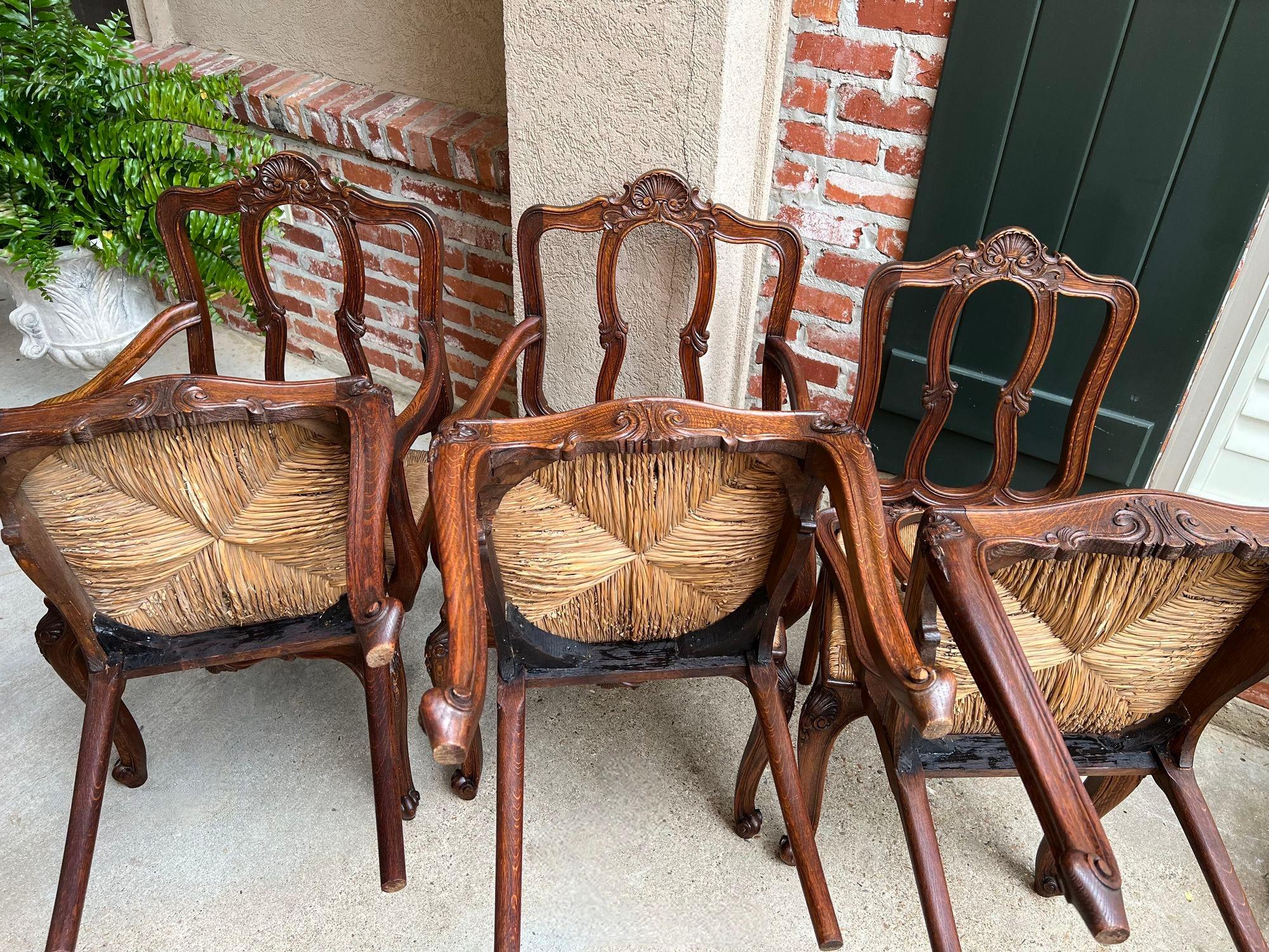 Set 6 Antique French Dining Chairs Carved Oak Rush Seat Louis XV Arm and Side For Sale 14