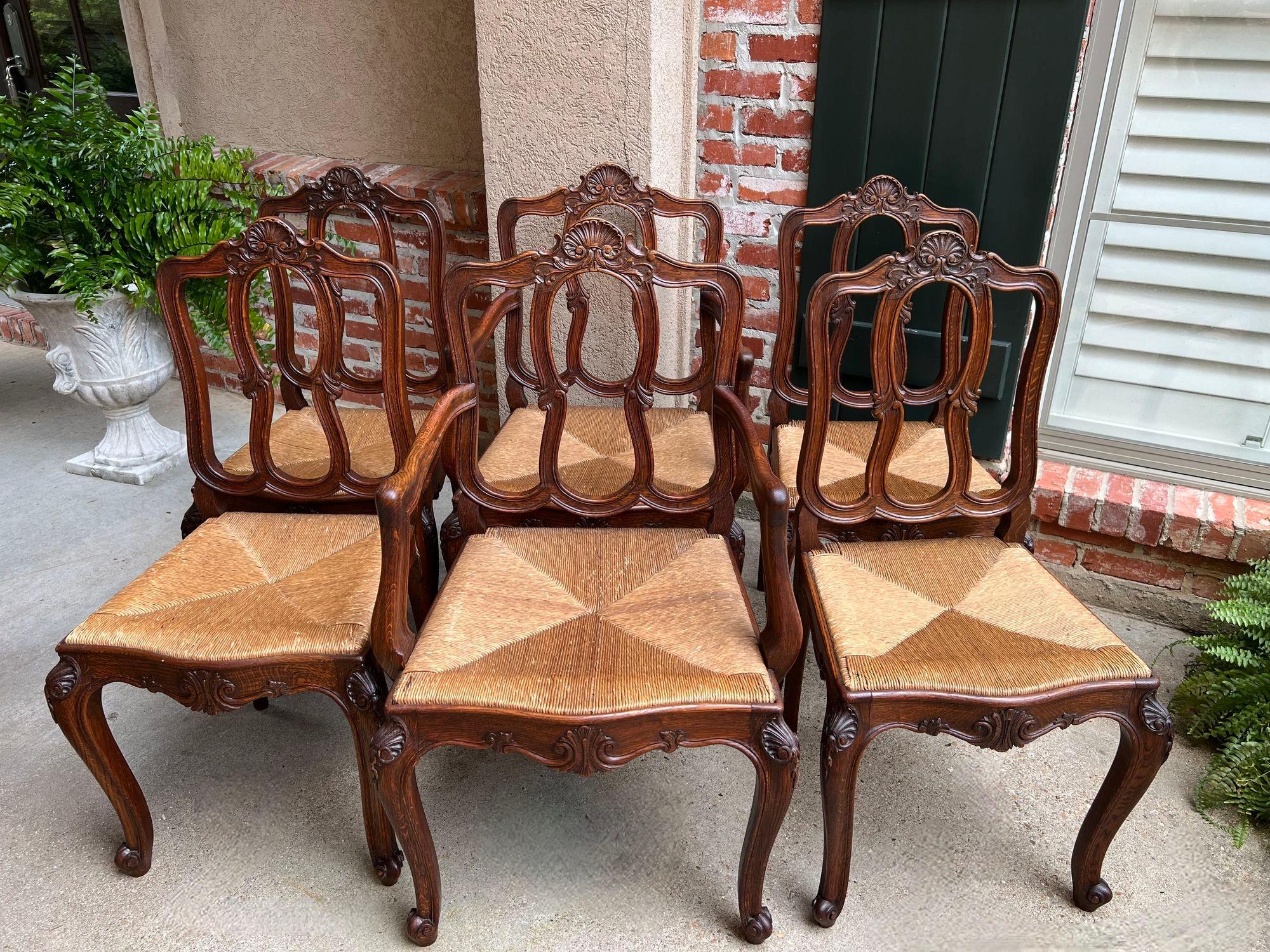 French Provincial Set 6 Antique French Dining Chairs Carved Oak Rush Seat Louis XV Arm and Side For Sale