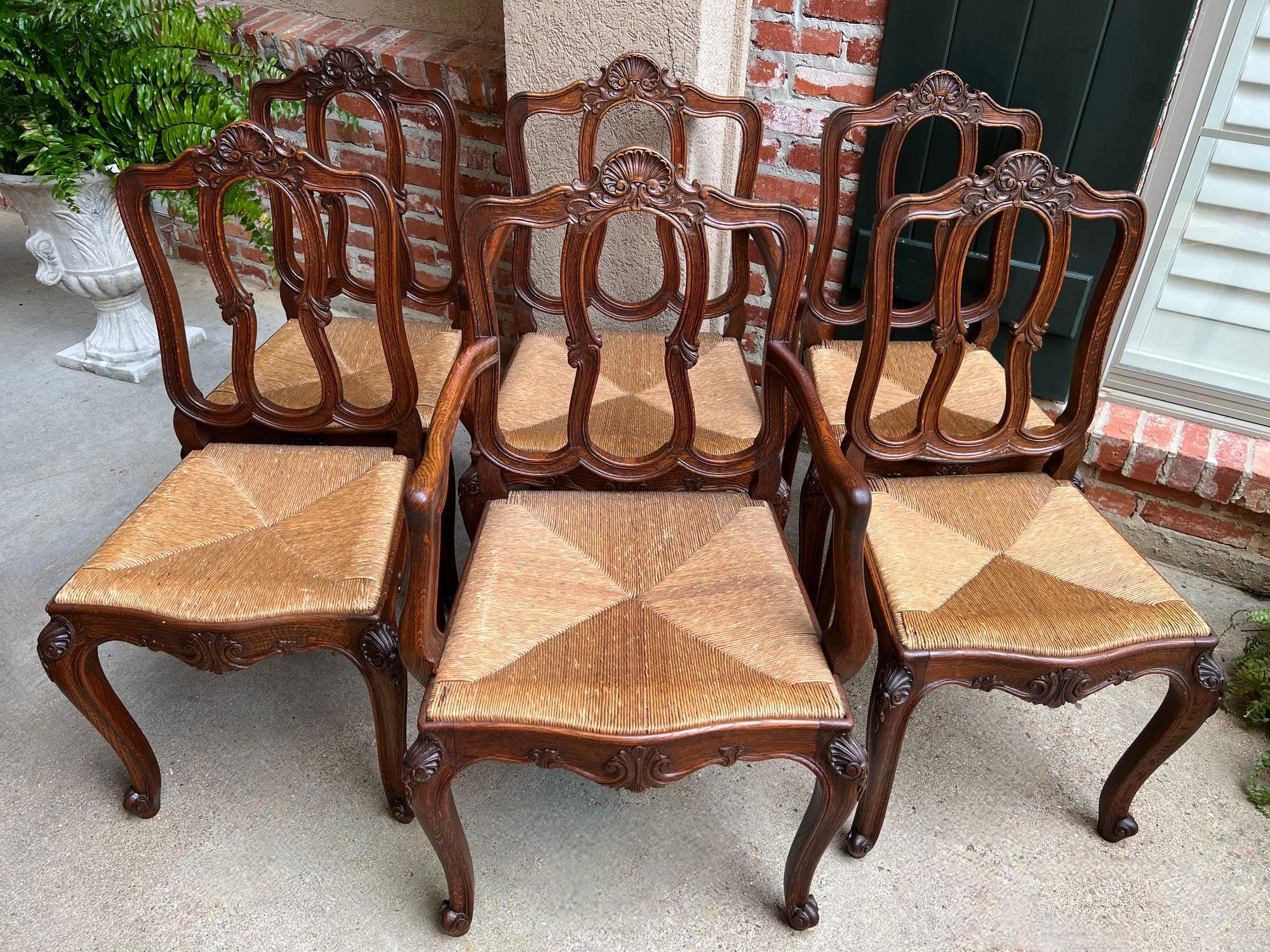 Hand-Carved Set 6 Antique French Dining Chairs Carved Oak Rush Seat Louis XV Arm and Side For Sale