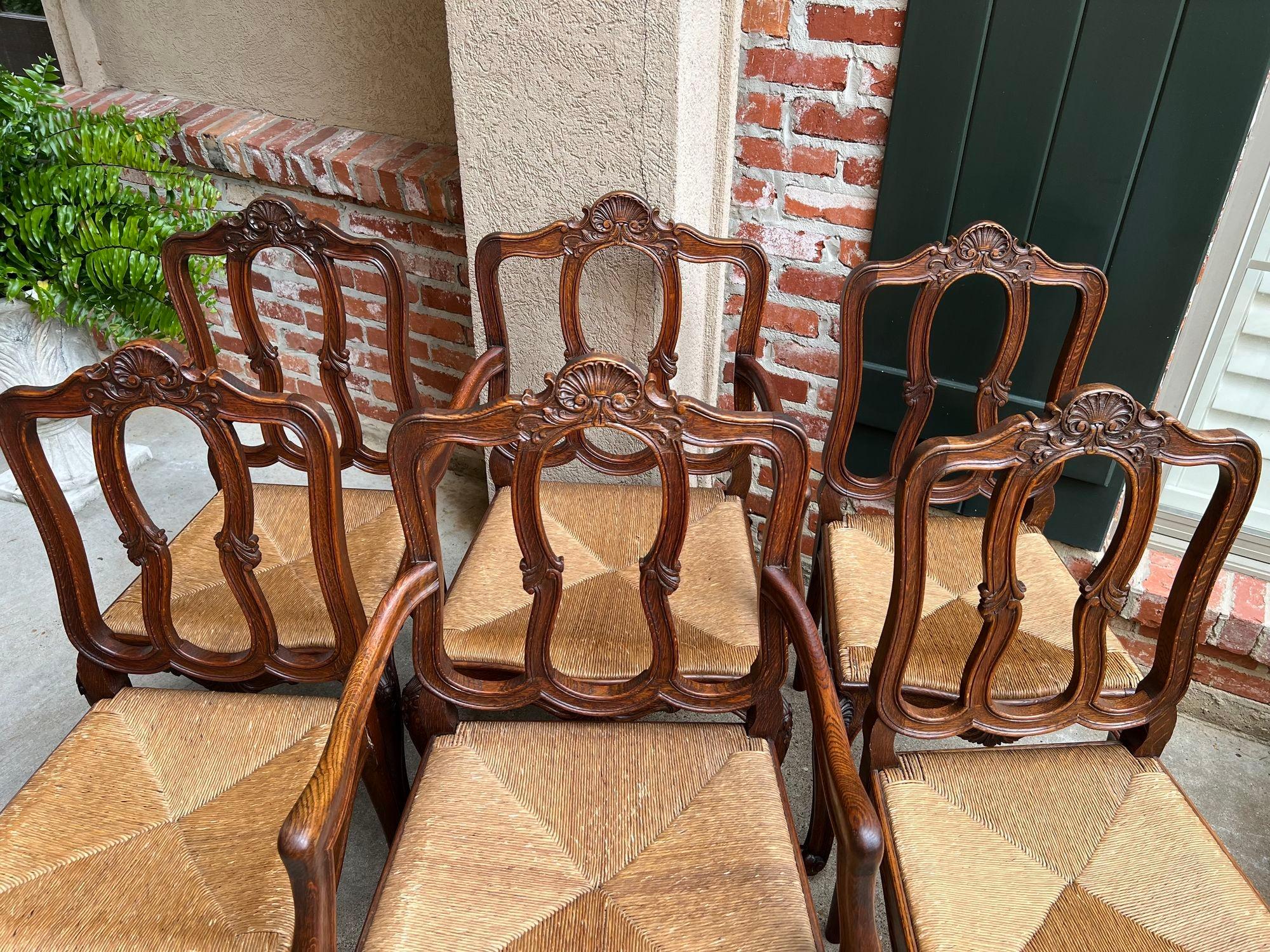 20th Century Set 6 Antique French Dining Chairs Carved Oak Rush Seat Louis XV Arm and Side For Sale